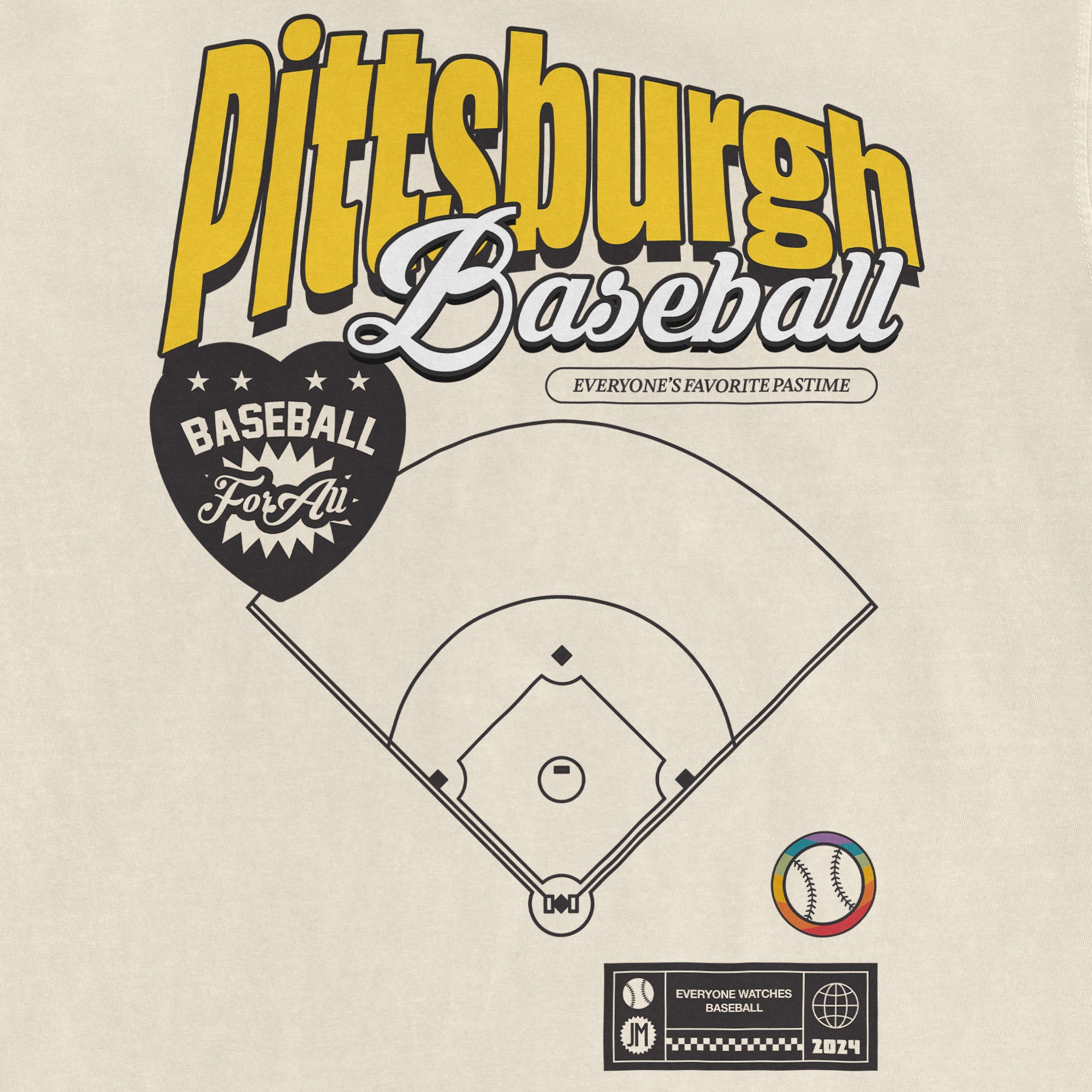 Graphic design featuring a baseball field diagram, Pittsburgh Baseball Pride text, and a colorful baseball icon.
