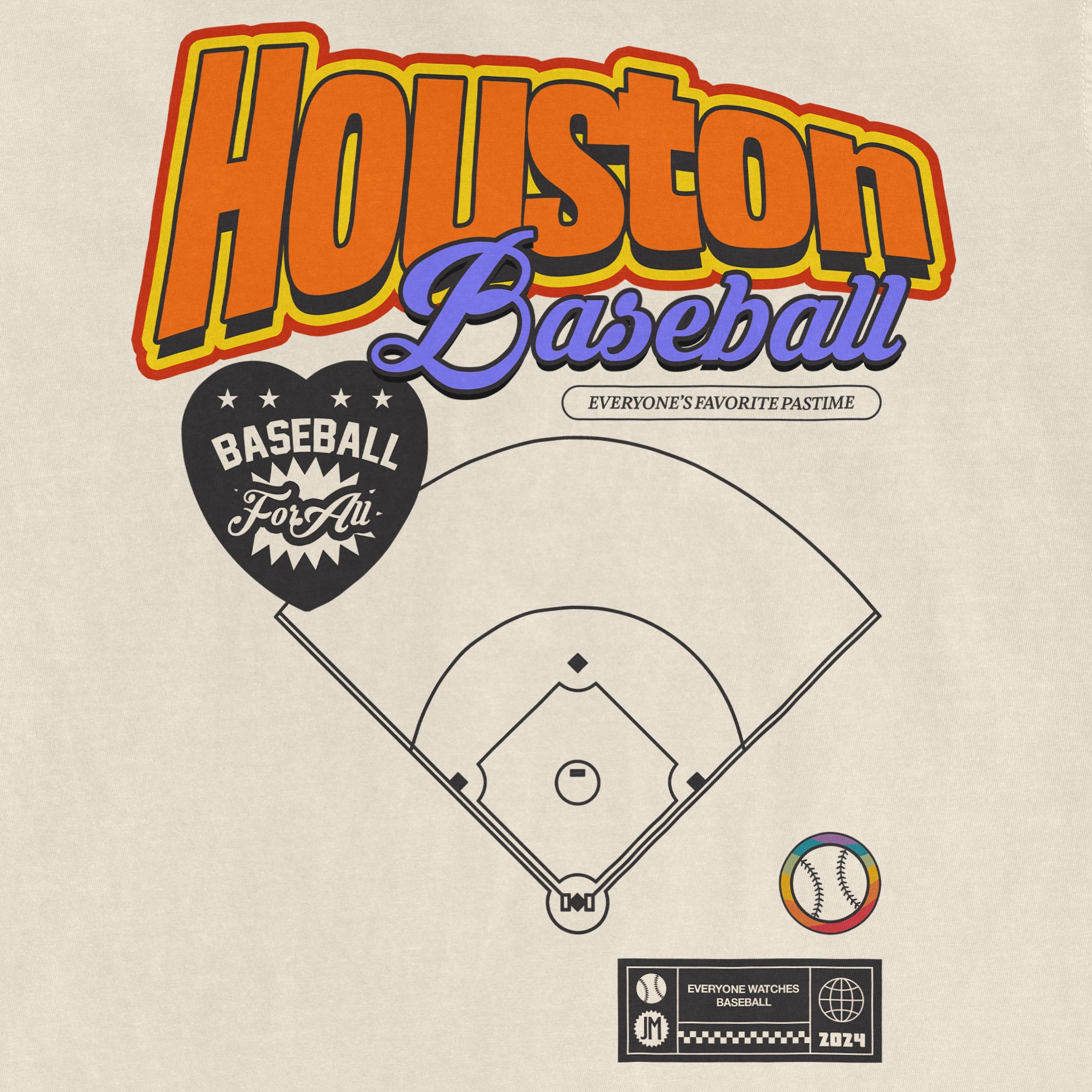 Vintage-style Comfort Colors T-shirt featuring "Houston Baseball Pride" text, a baseball diamond graphic, and colorful design elements.