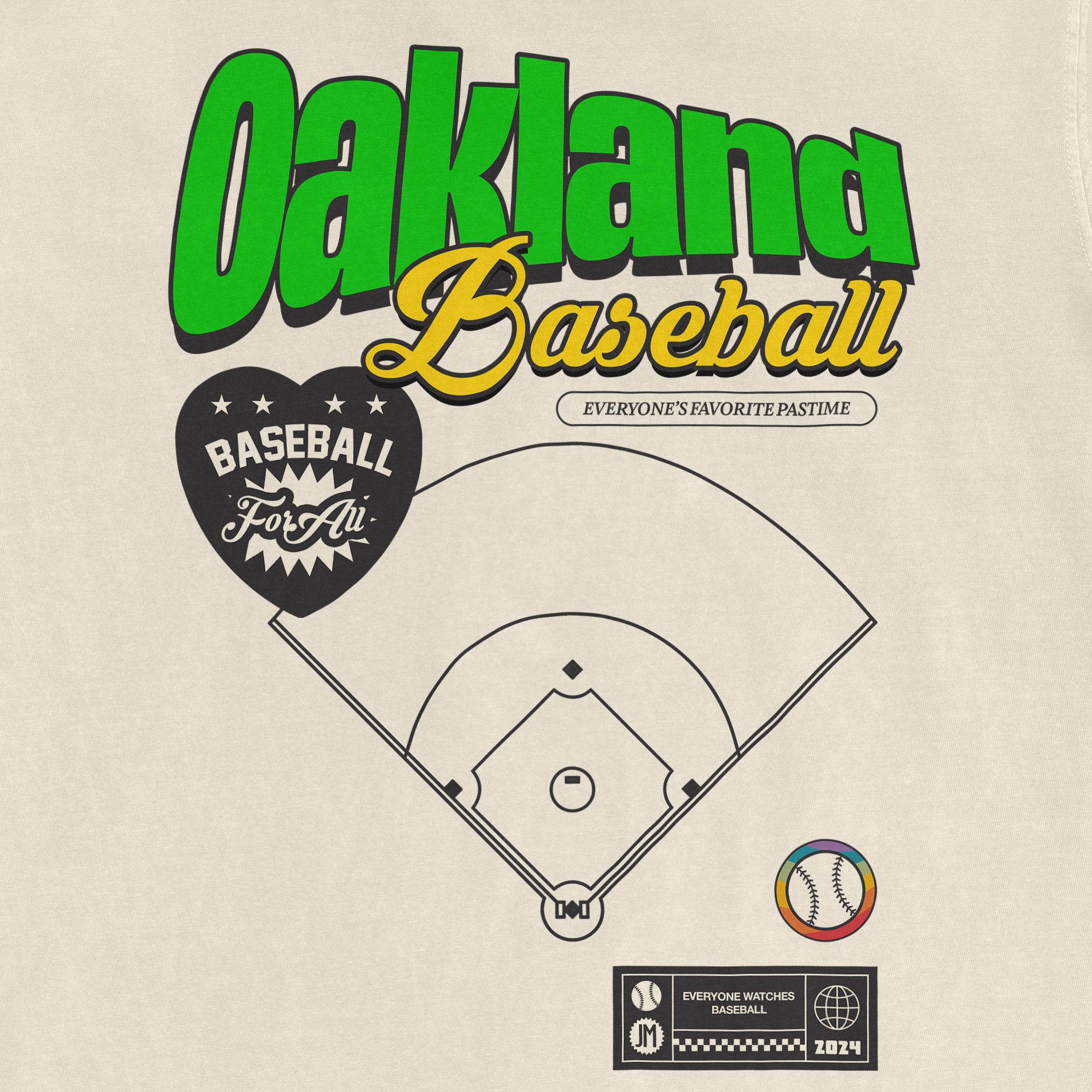 Graphic design of a baseball-themed Oakland Baseball Pride shirt featuring colorful text, a baseball field diagram, and various sports icons.