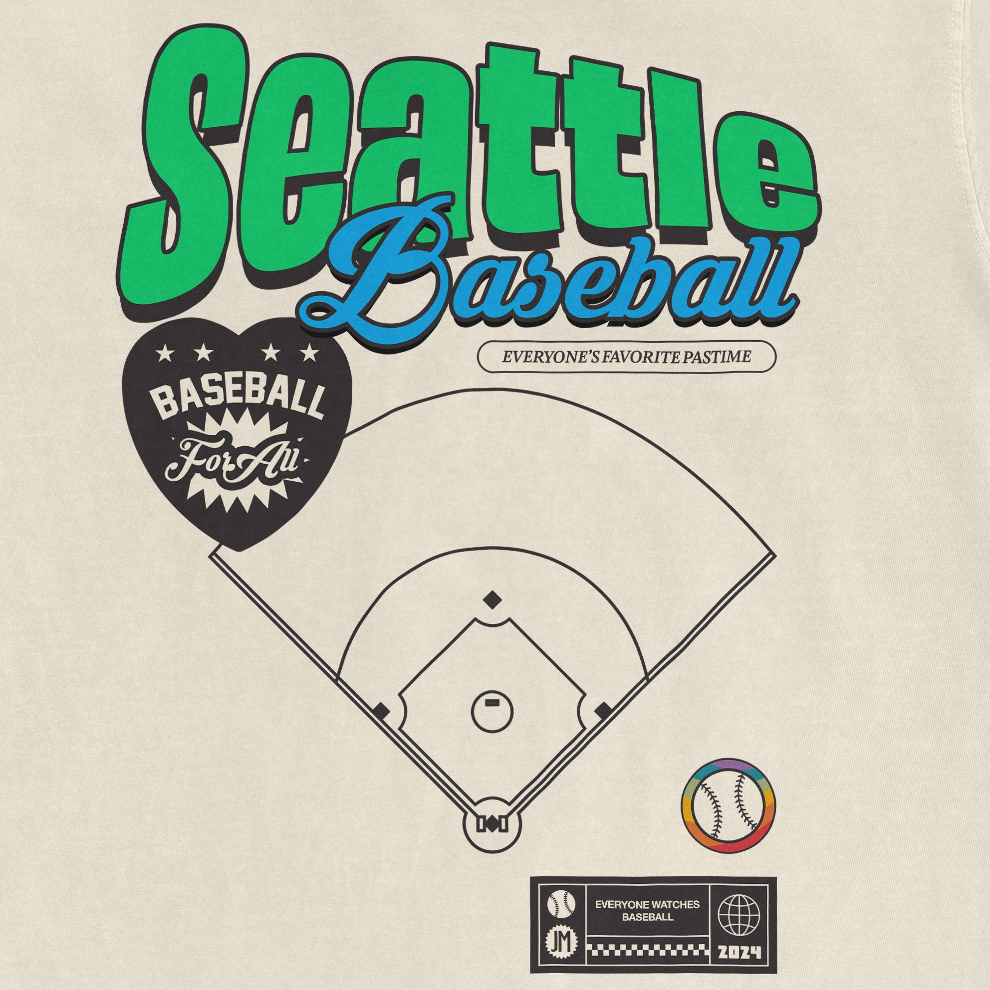 Graphic design featuring "Seattle Baseball" text, a baseball diamond diagram, and colorful baseball icons on a beige background.