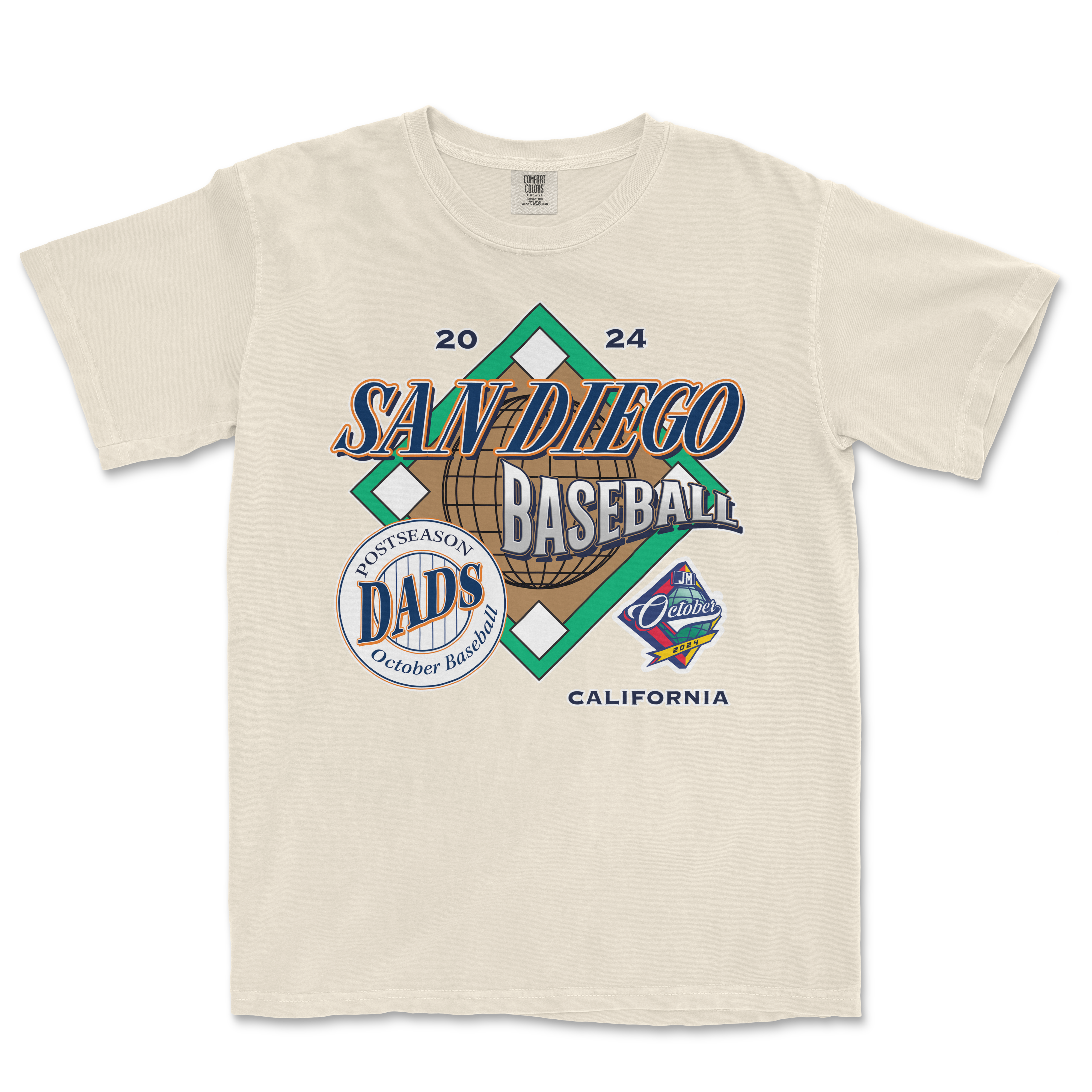 Cream-colored T-shirt featuring colorful graphics and text celebrating October baseball in San Diego, California, with team logos.