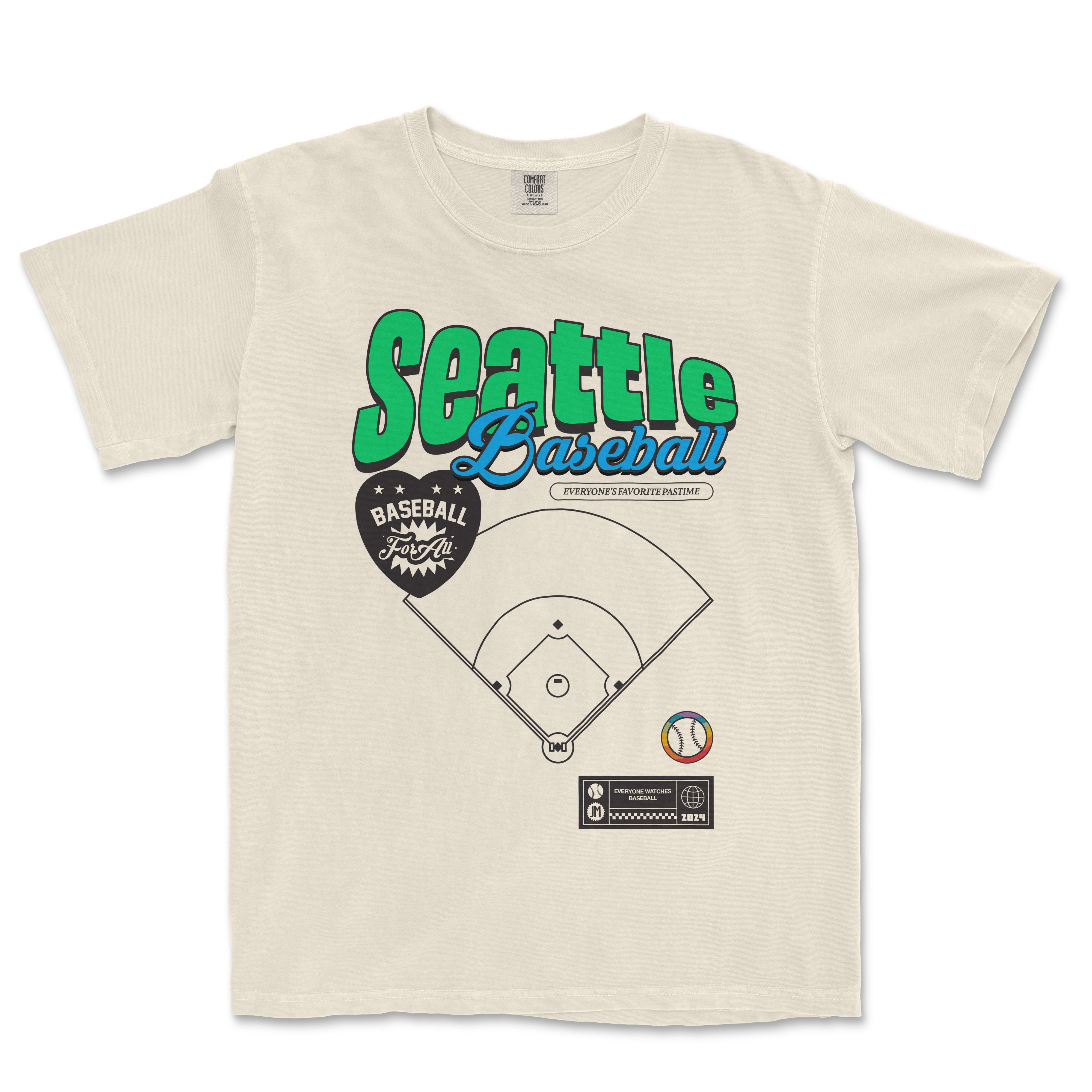 A beige T-shirt featuring colorful "Seattle Baseball" text, a baseball diamond diagram, and various sports-themed graphics.