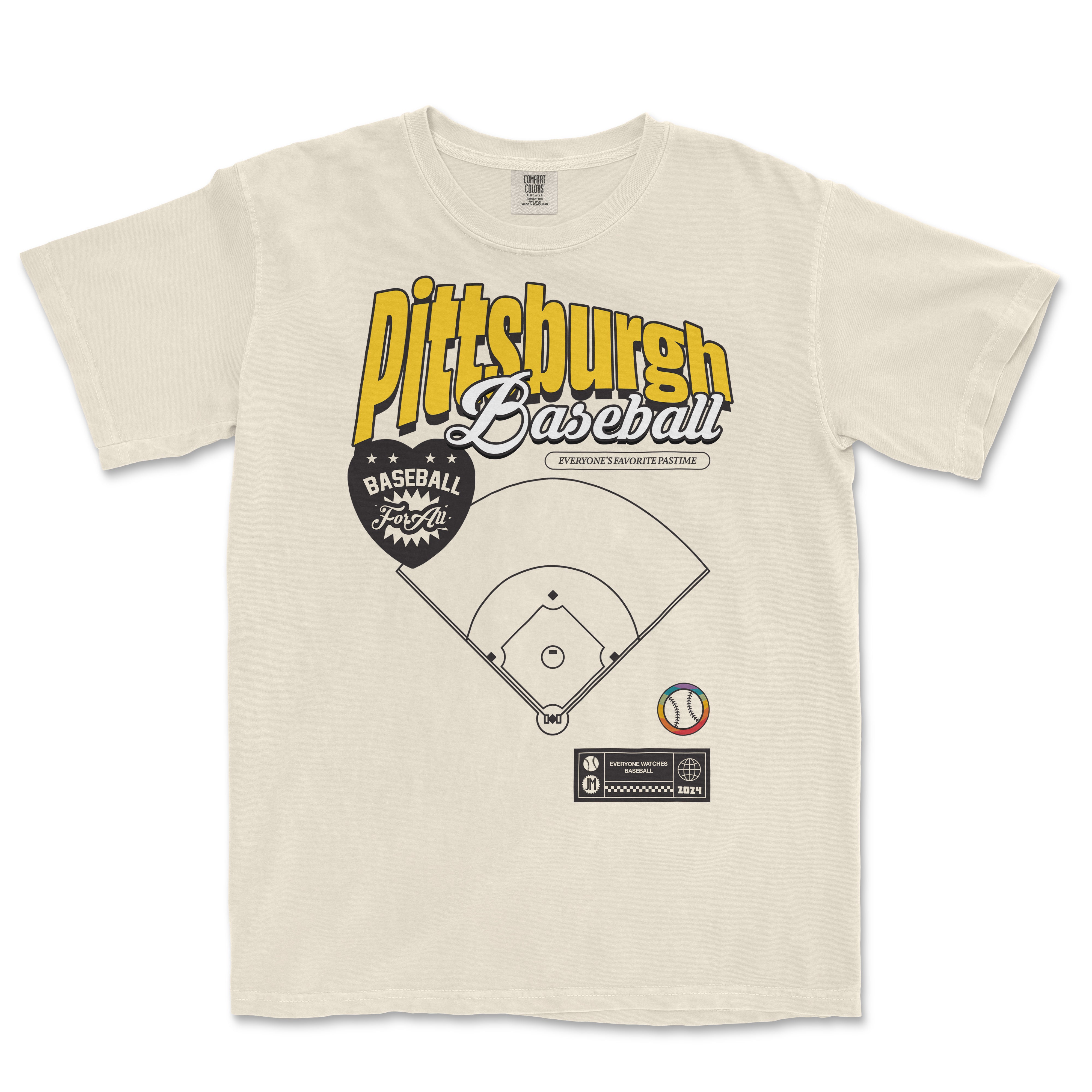 Cream-colored T-shirt with "Pittsburgh Baseball Pride" text, a baseball field diagram, and sports-themed graphics celebrating Pittsburgh baseball.