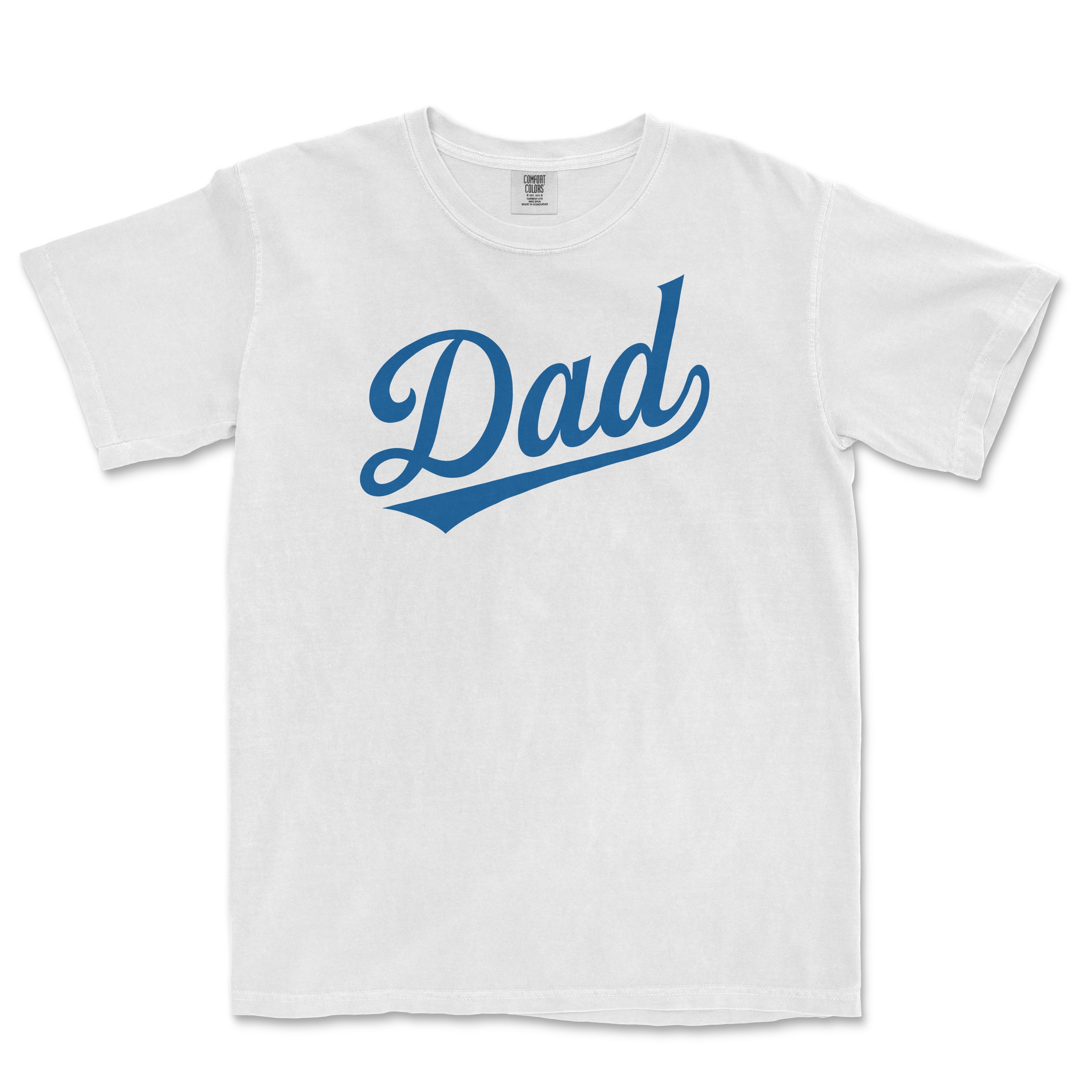 White Comfort Colors T-shirt with blue "Dad" text in a cursive font and underline, designed for baseball dad fans.