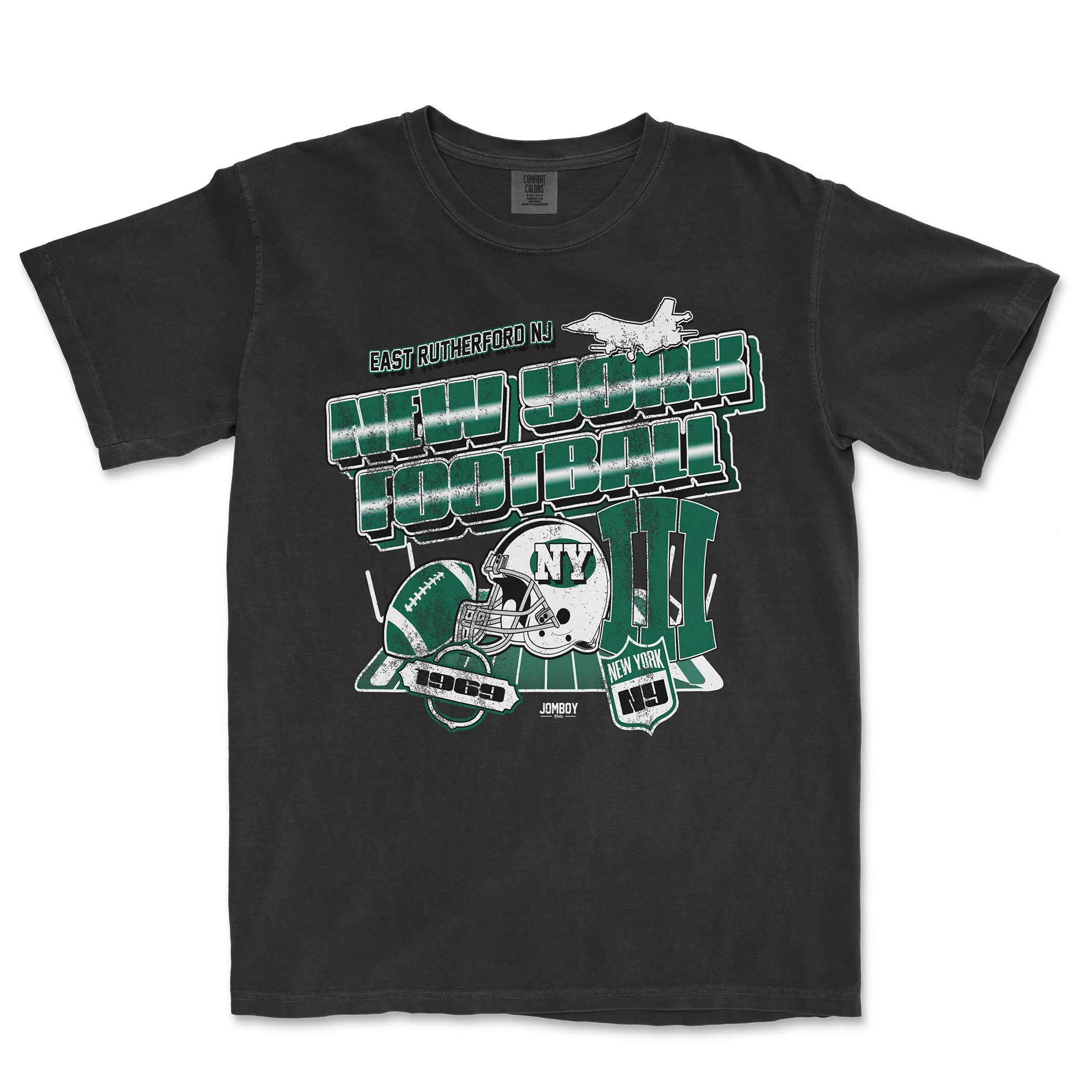 Black Comfort Colors® T-shirt featuring green and white New York Jets football graphics, helmets, and text celebrating East Rutherford, NJ.
