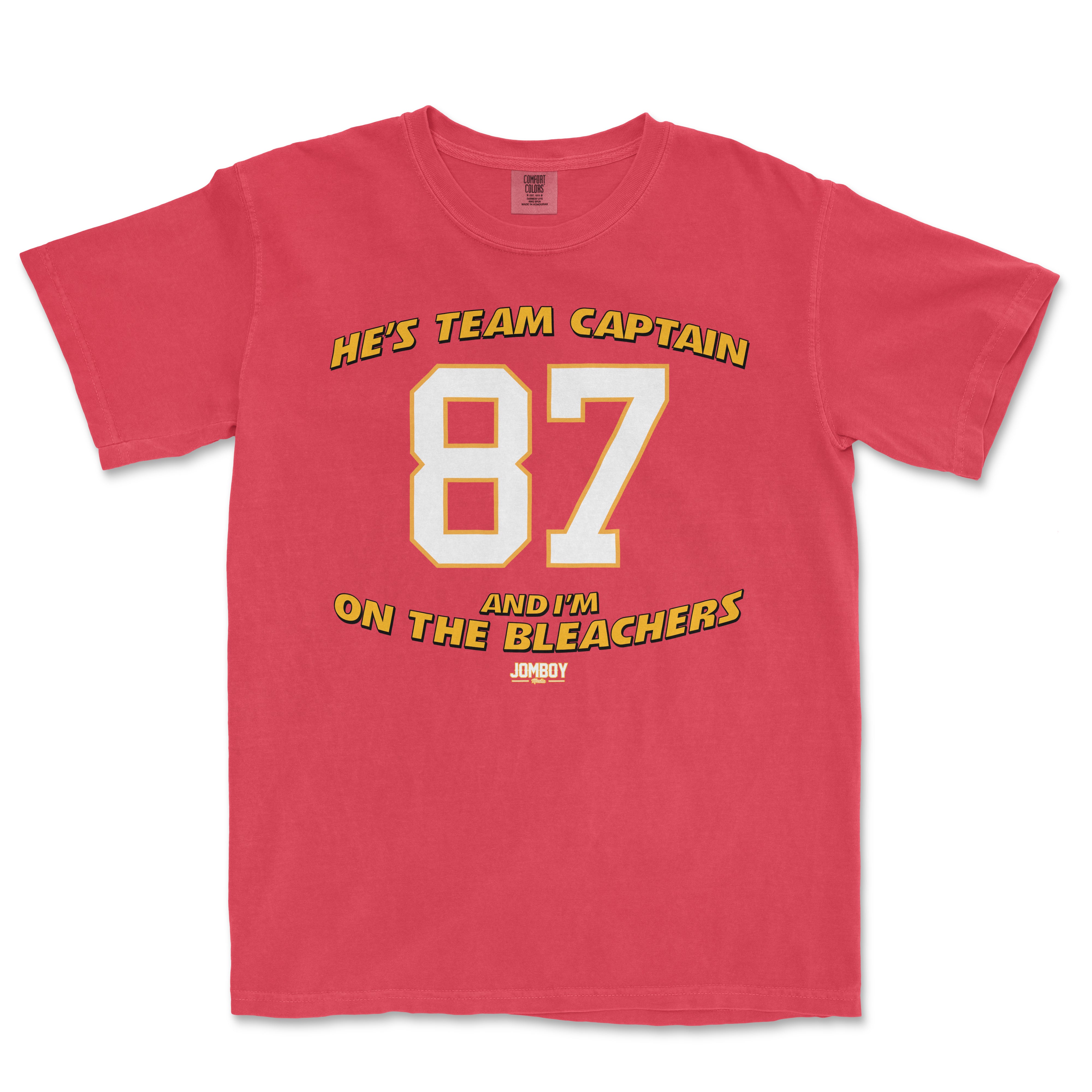 Red Comfort Colors® vintage tee with bold white and yellow text reading "He's Team Captain 87 and I'm on the Bleachers.