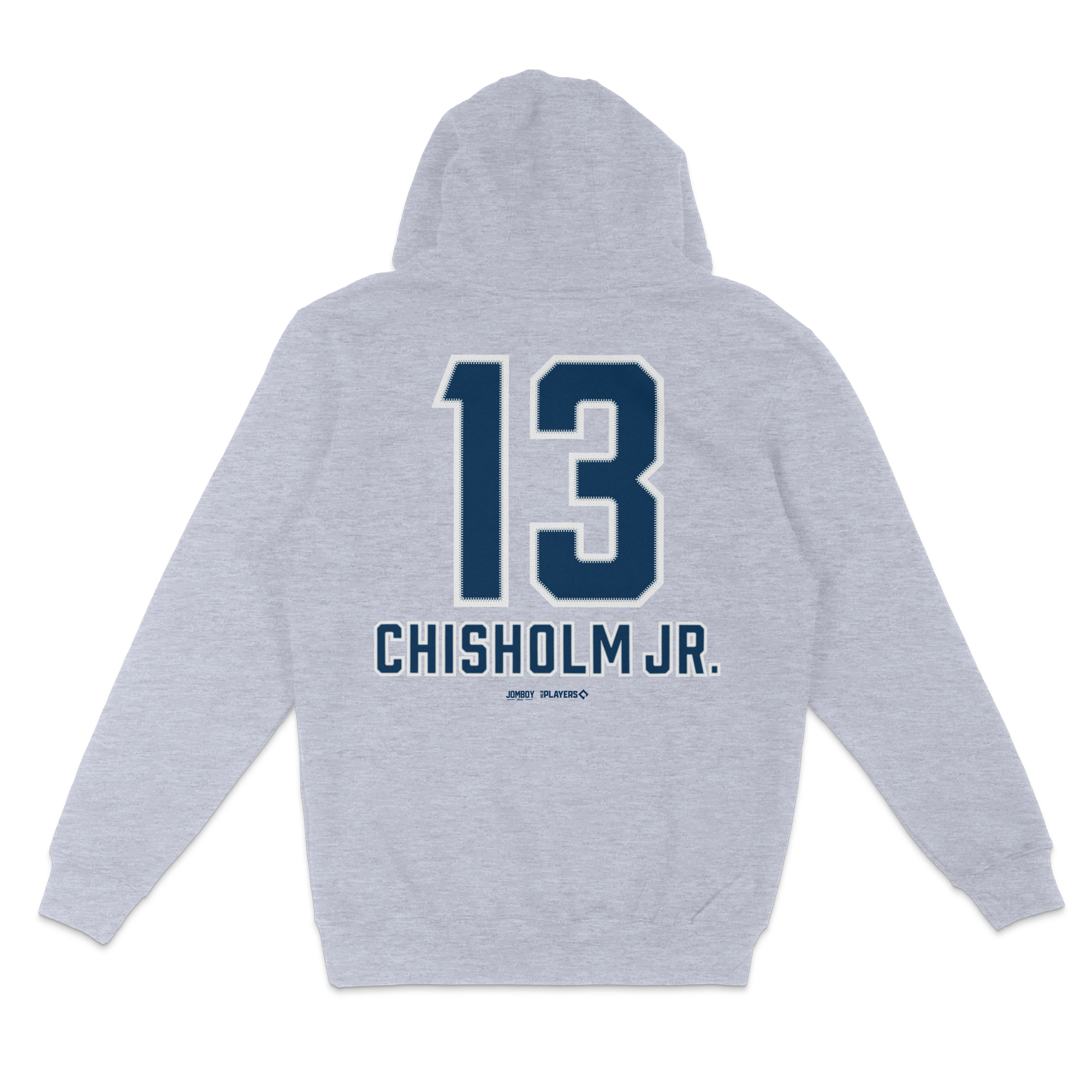 Light gray pullover fleece hoodie featuring "13" and "Chisholm Jr." in bold blue lettering on the back.