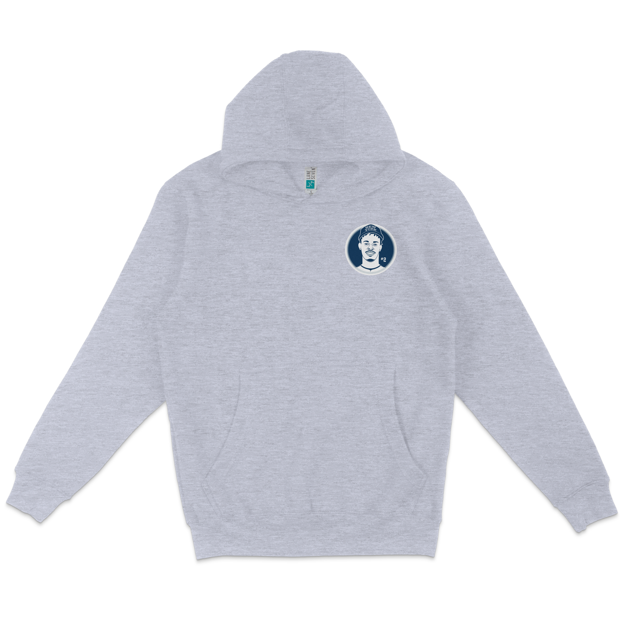 Light gray pullover fleece hoodie featuring a round patch of Jazz Chisholm Jr. with a baseball cap and team logo on the chest.