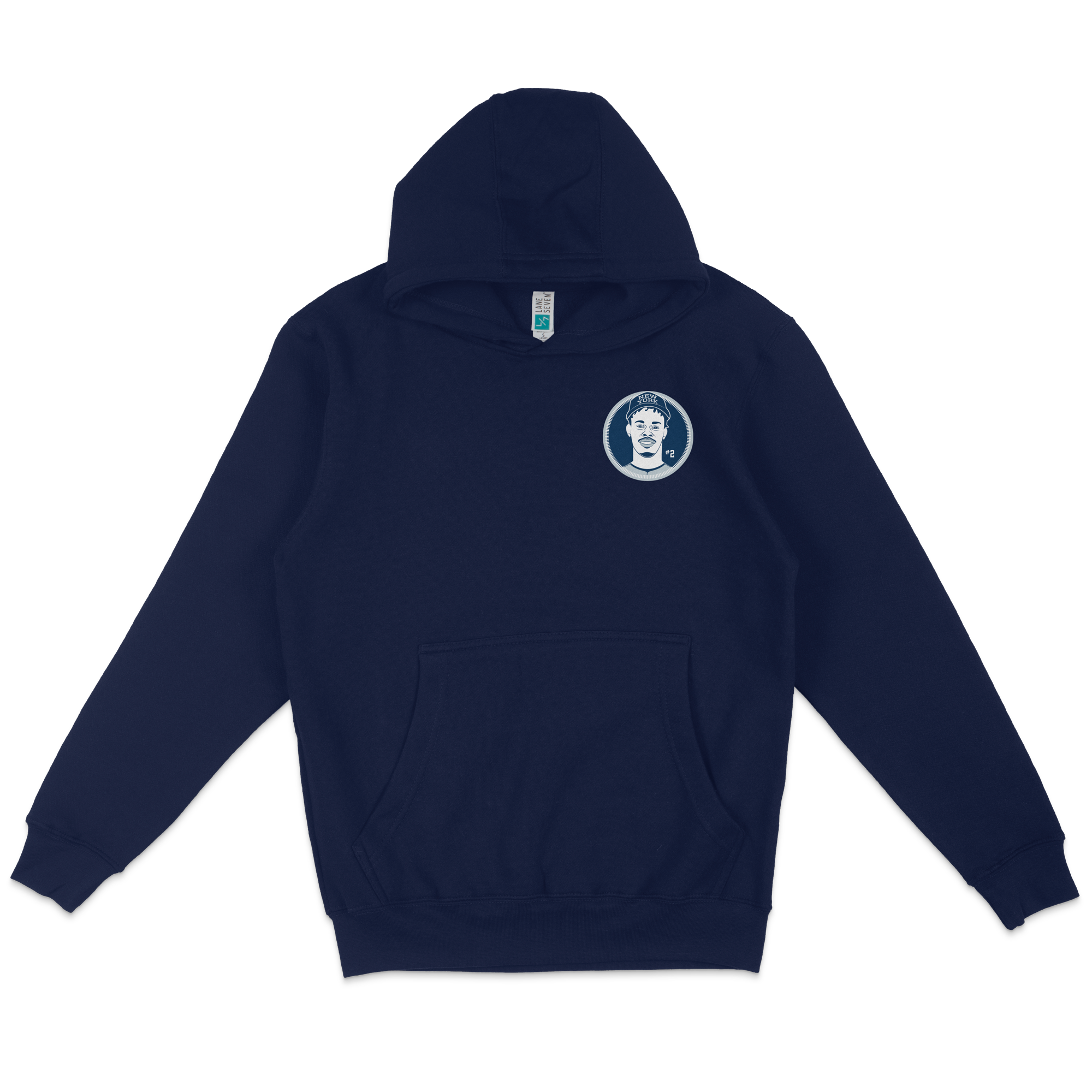 Navy blue pullover fleece hoodie featuring a graphic of Jazz Chisholm Jr. on the chest with a circular logo and a front kangaroo pocket.