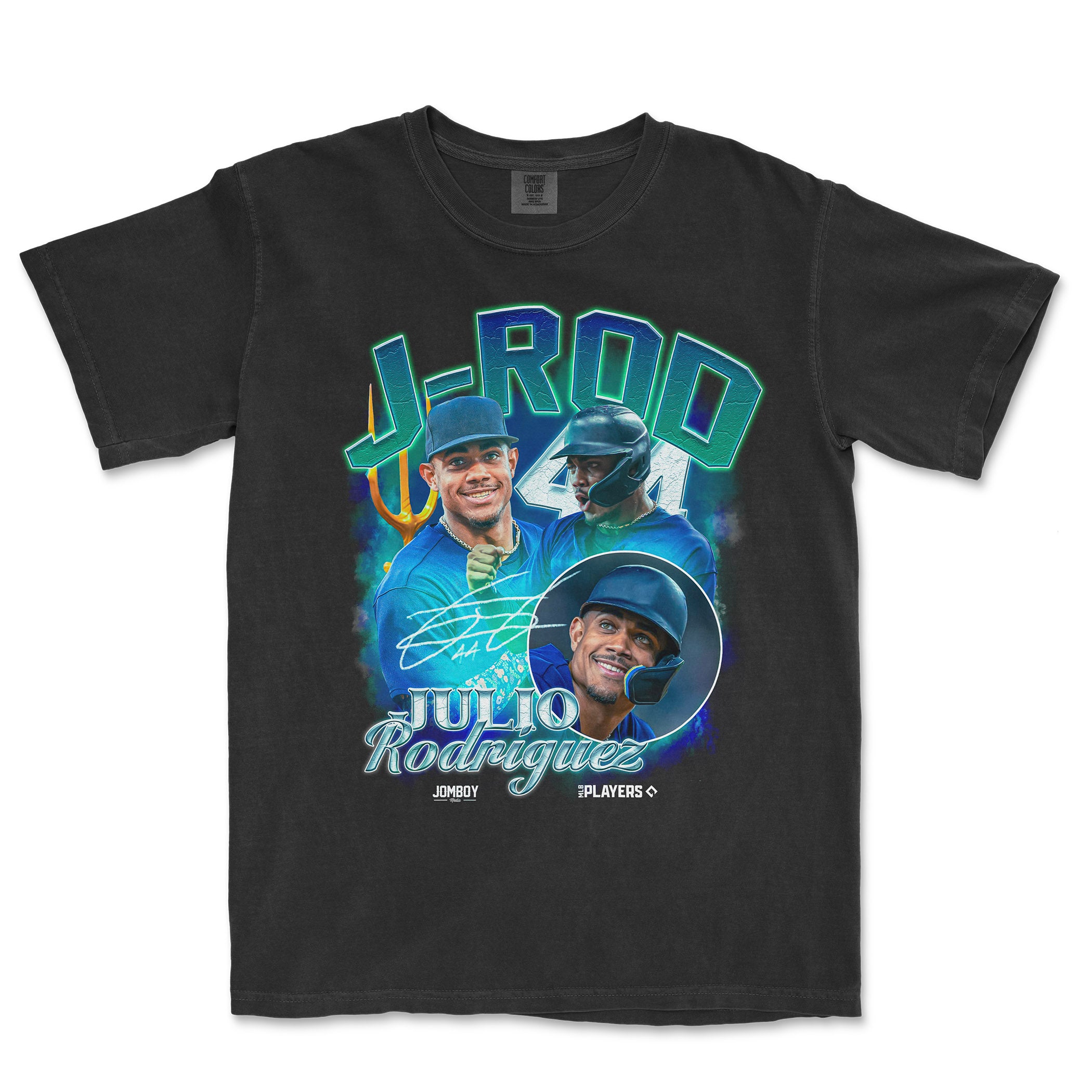 Black Comfort Colors tee featuring a colorful graphic of Julio Rodriguez, with his name and signature, celebrating his Seattle edition.