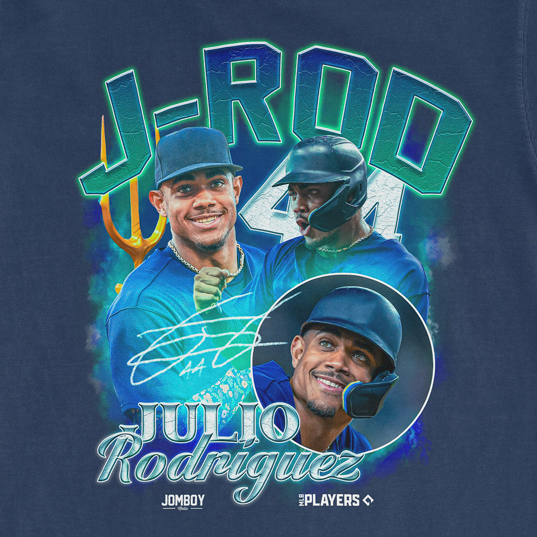 Comfort Colors tee featuring Julio Rodriguez with vibrant graphics, signatures, and team logos celebrating his Seattle edition.