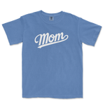 Blue Comfort Colors tee with white "Mom" text in a cursive font, perfect for a proud baseball mom.