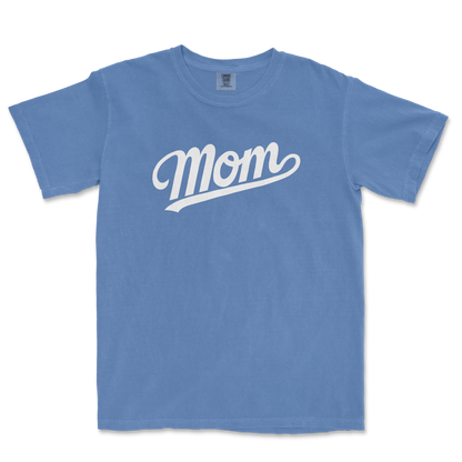 Blue Comfort Colors tee with white "Mom" text in a cursive font, perfect for a proud baseball mom.