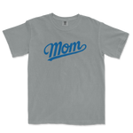Gray Comfort Colors T-shirt with "Mom" written in bold blue script across the front, designed for LA baseball moms.