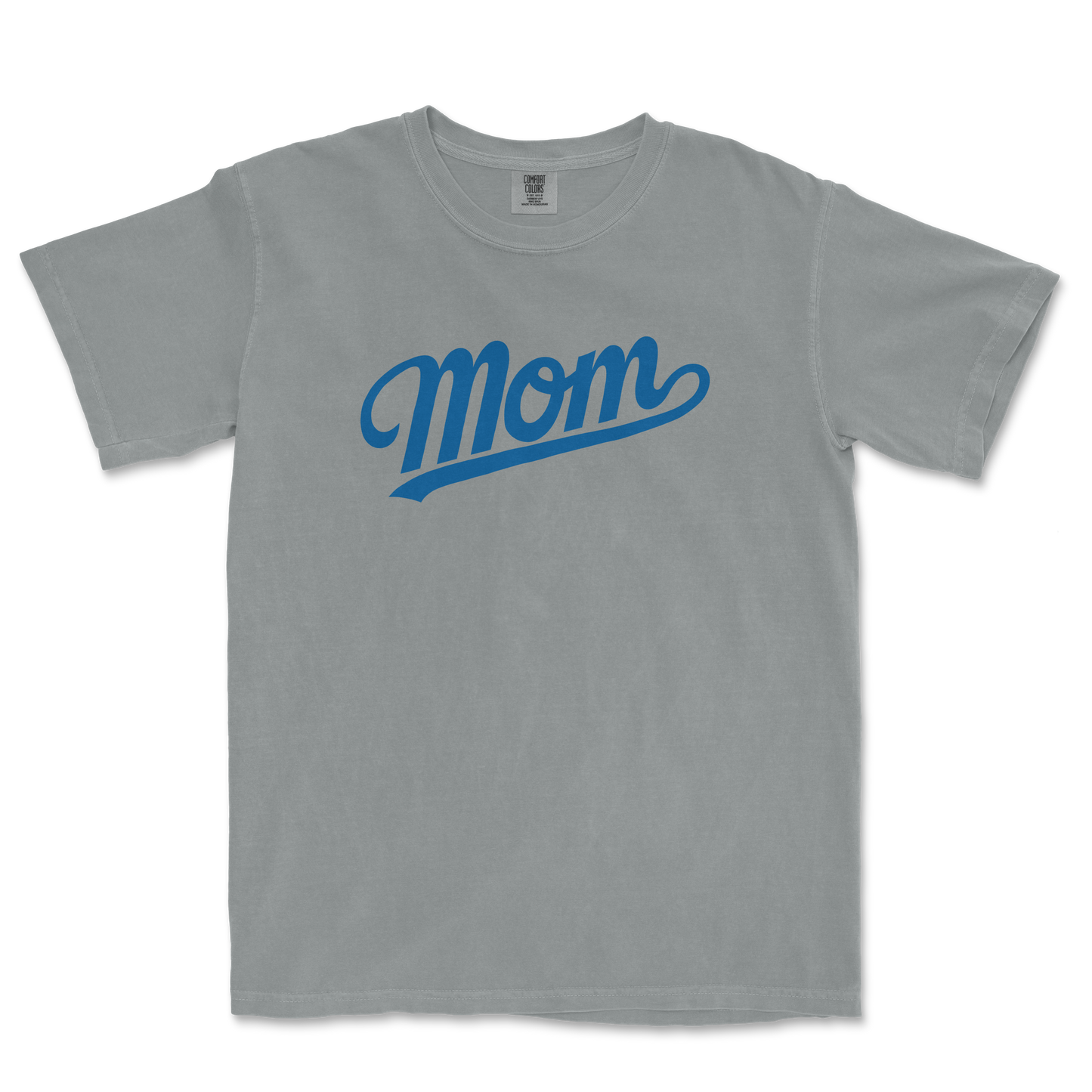 Gray Comfort Colors T-shirt with "Mom" written in bold blue script across the front, designed for LA baseball moms.