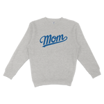 Gray crewneck sweatshirt with "Mom" written in bold blue script across the front, designed for LA baseball moms.