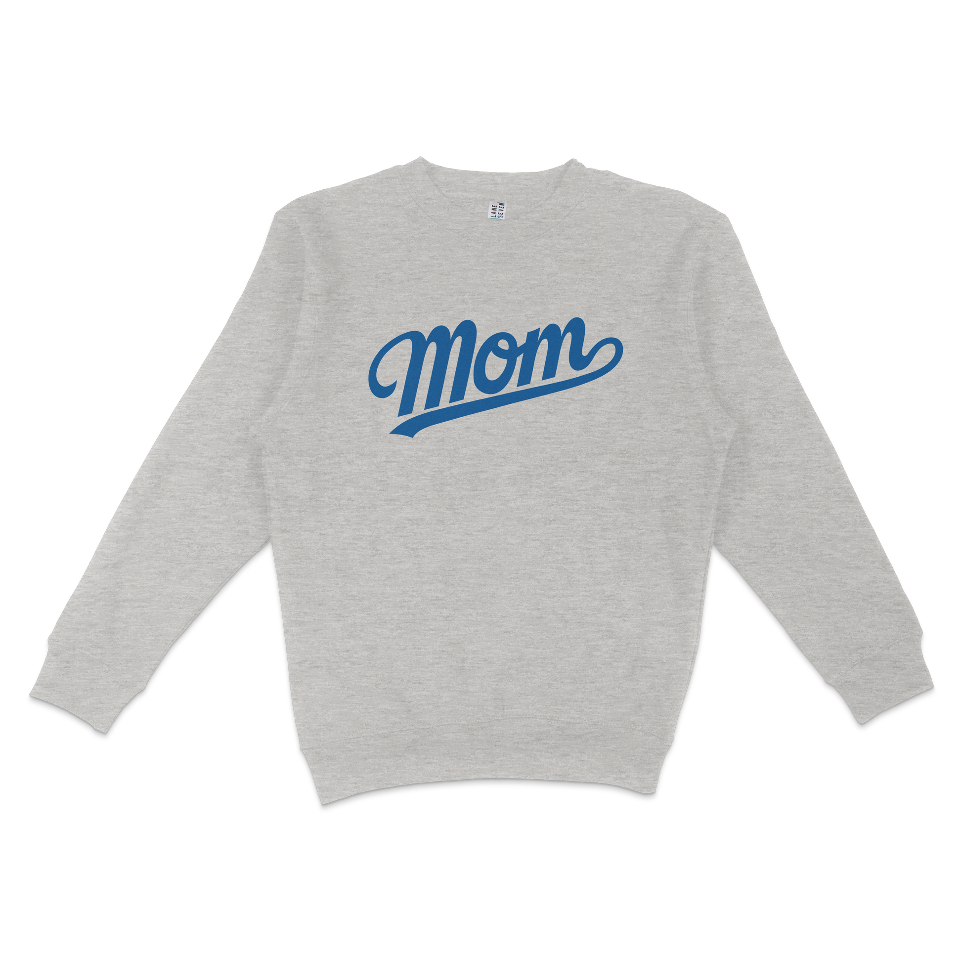 Gray crewneck sweatshirt with "Mom" written in bold blue script across the front, designed for LA baseball moms.