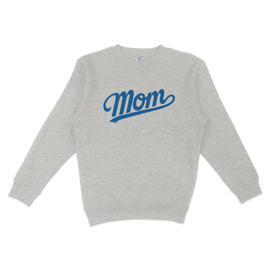 Gray crewneck sweatshirt with "Mom" written in bold blue script across the front, designed for LA baseball moms.