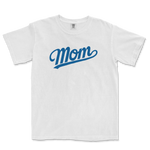 White Comfort Colors T-shirt with "Mom" in blue script across the front, designed for LA baseball moms.