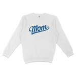White crewneck sweatshirt with "Mom" written in bold blue cursive font across the front, perfect for LA baseball moms.