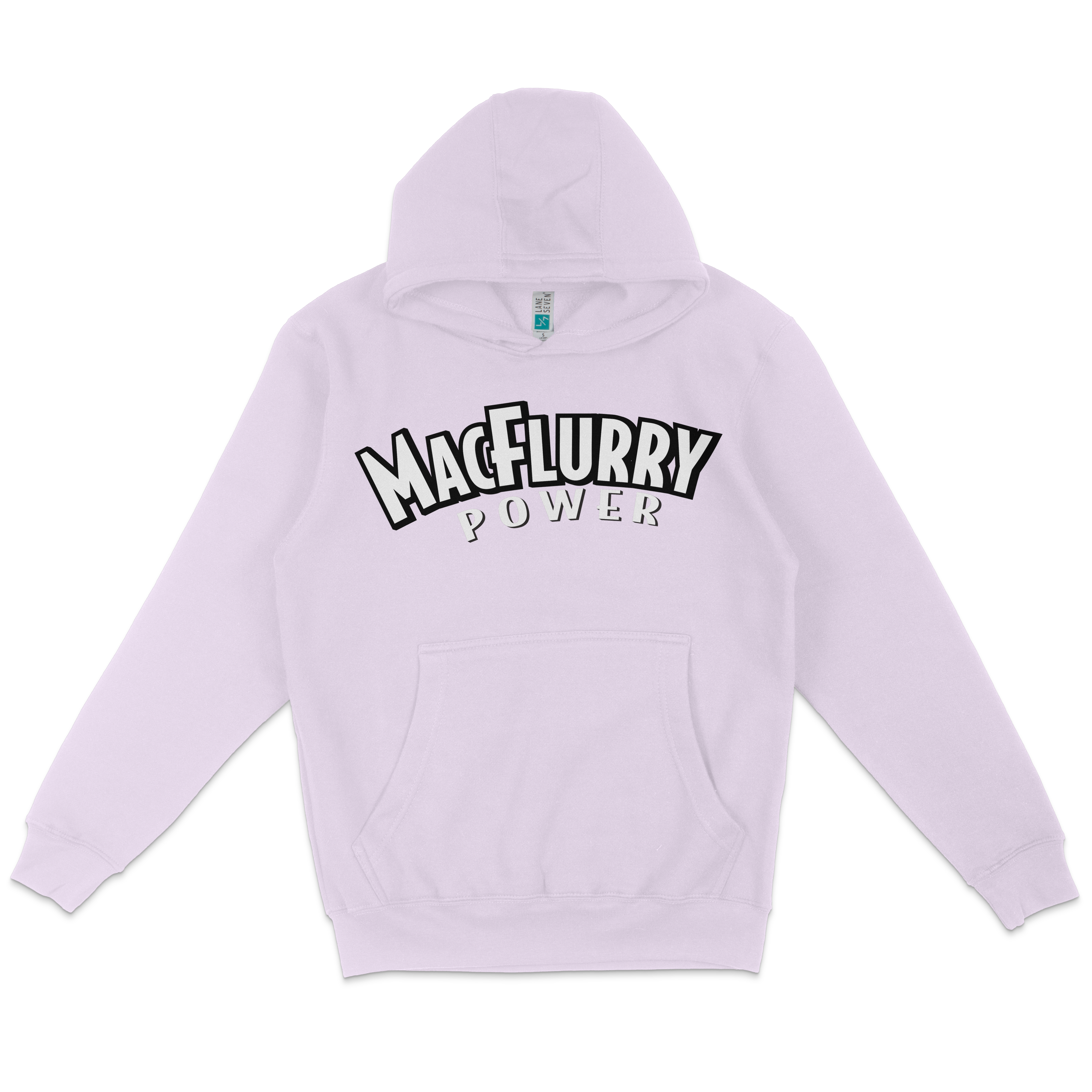 White pullover hoodie featuring a bold "Macflurry Power" logo in black and purple on the front.