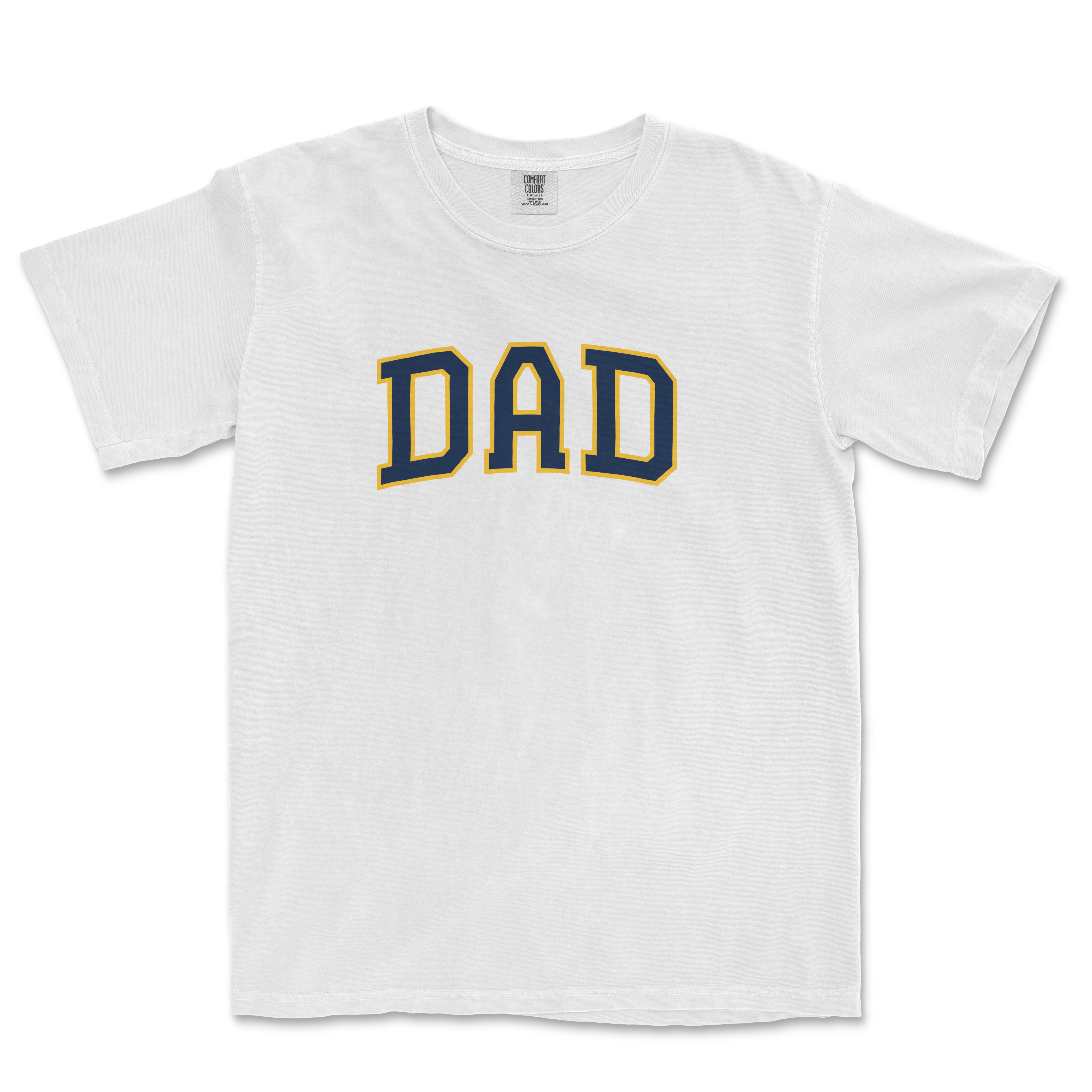White t-shirt featuring bold navy and gold lettering that reads "DAD," perfect for Milwaukee baseball fans.