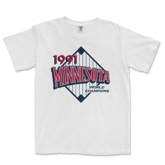 White Comfort Colors T-shirt featuring a vintage Minnesota 1991 World Champions graphic with a baseball diamond design.