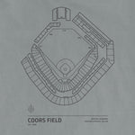 Comfort Colors tee featuring a line drawing of Coors Field stadium layout, including seating sections and capacity.
