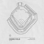 Line drawing of Coors Field stadium seating chart with labeled sections, capacity, and a compass, on a light background.