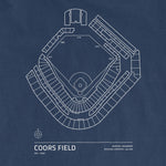 White line diagram of Coors Field baseball stadium on a blue Comfort Colors T-shirt, with seating capacity and location details.