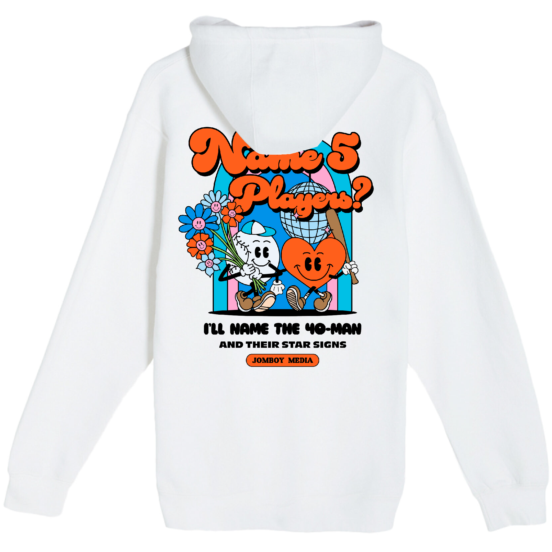 White zip-up hoodie featuring colorful cartoon characters, bold text, and playful design inspired by the "NAME 5 PLAYERS" theme.