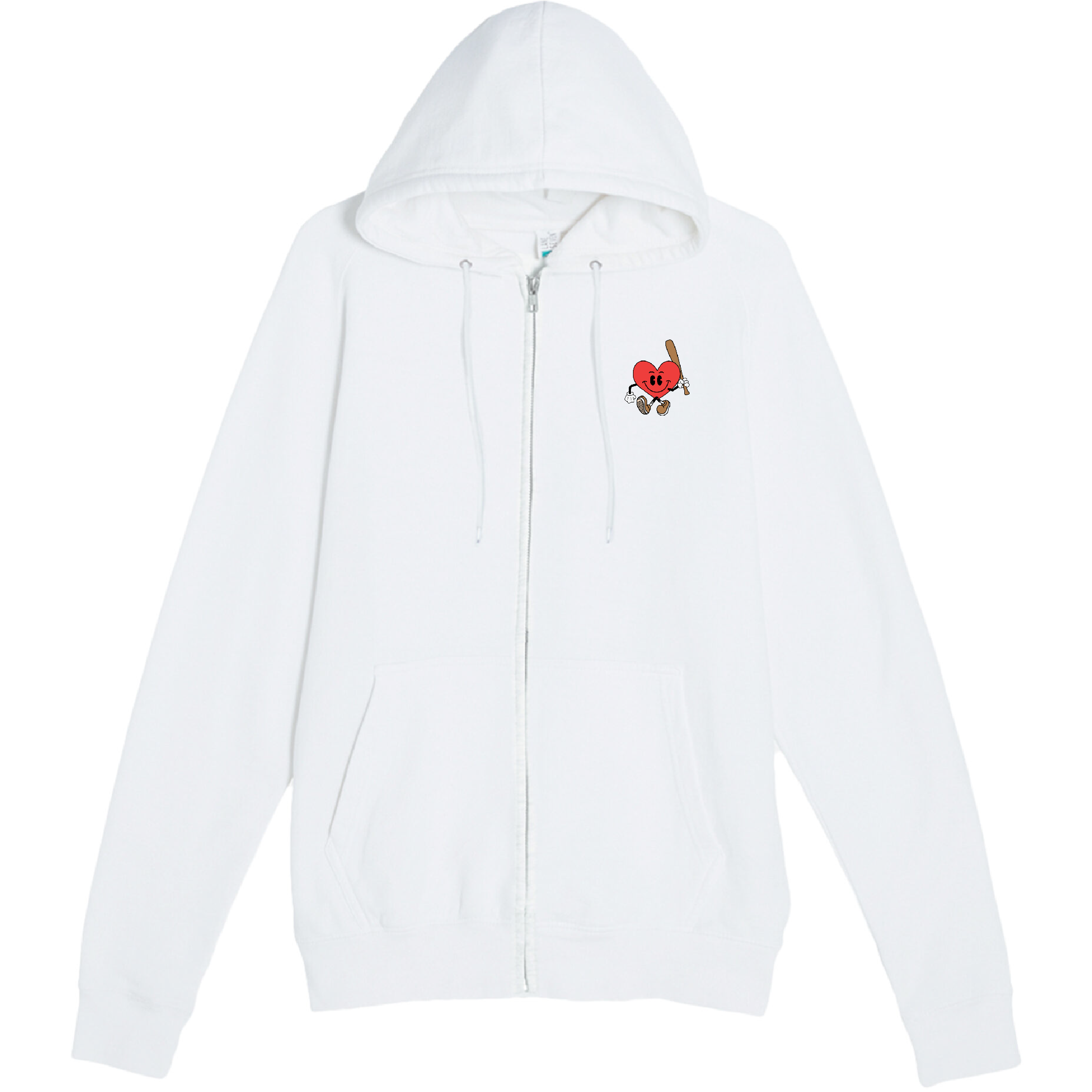 White zip-up hoodie with a small graphic of a heart character holding a baseball bat on the chest.