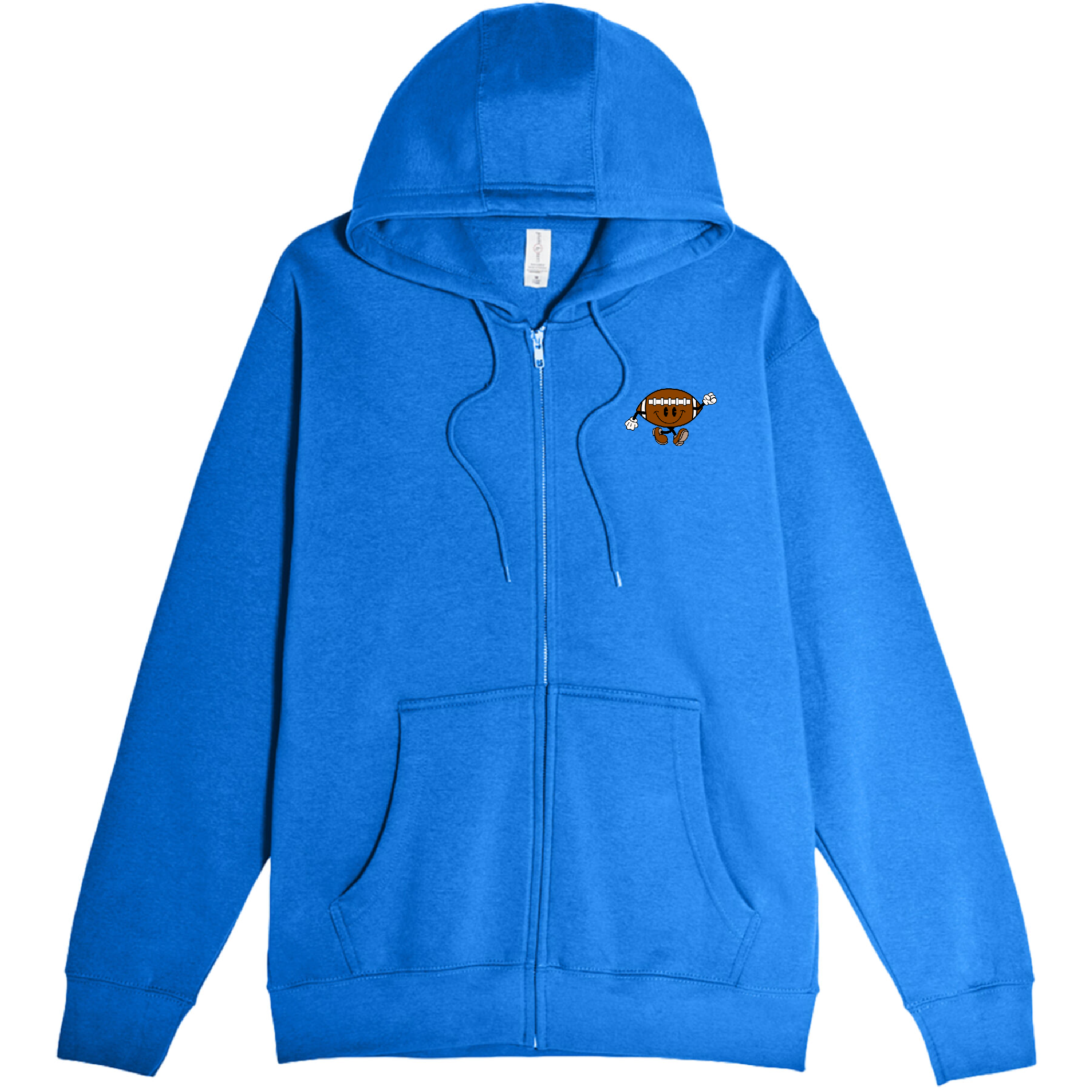 Blue zip-up hoodie for girls featuring a football character graphic on the chest, with a front pocket and adjustable drawstrings.