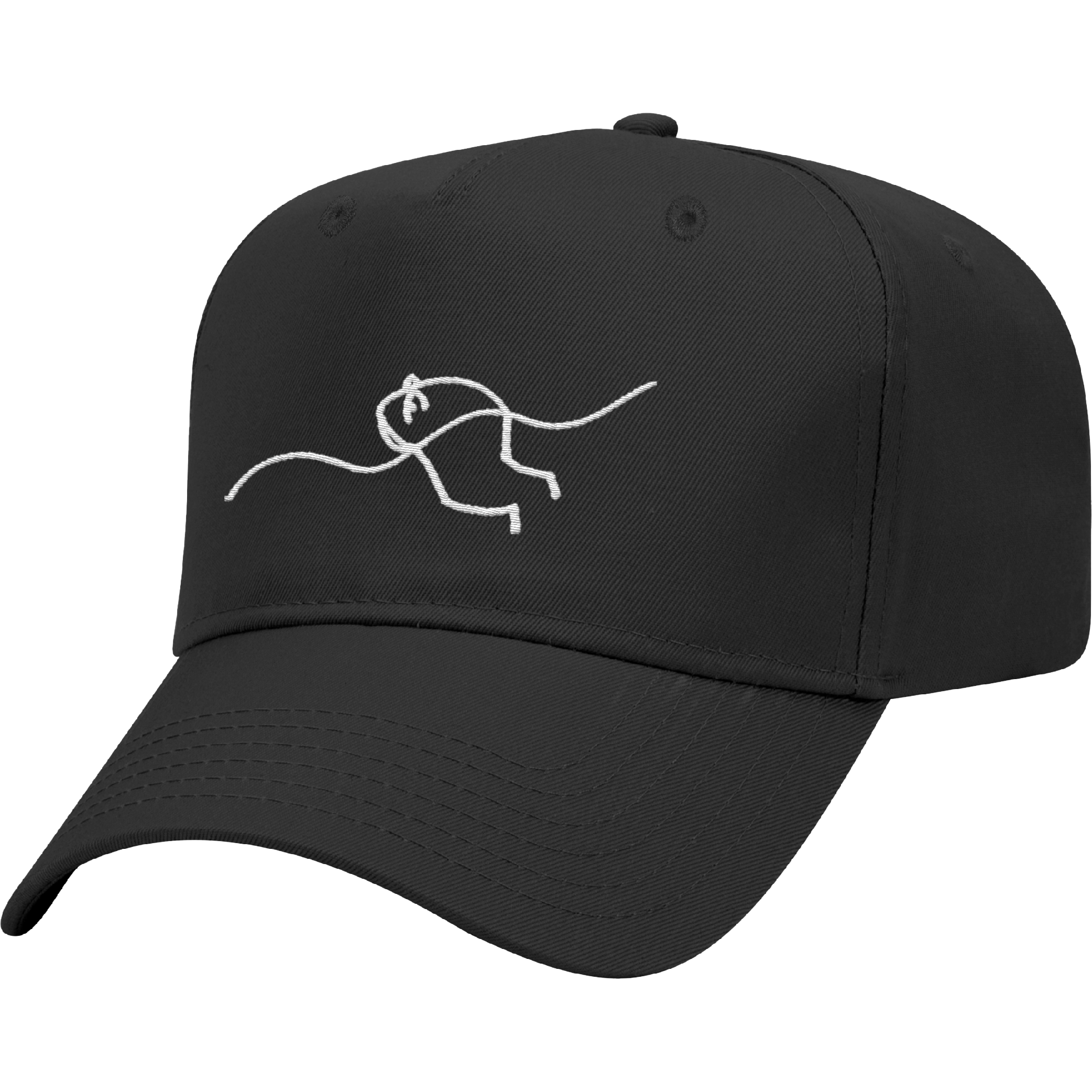 Black baseball cap with white embroidered abstract man figure, featuring a squiggle design on the front.
