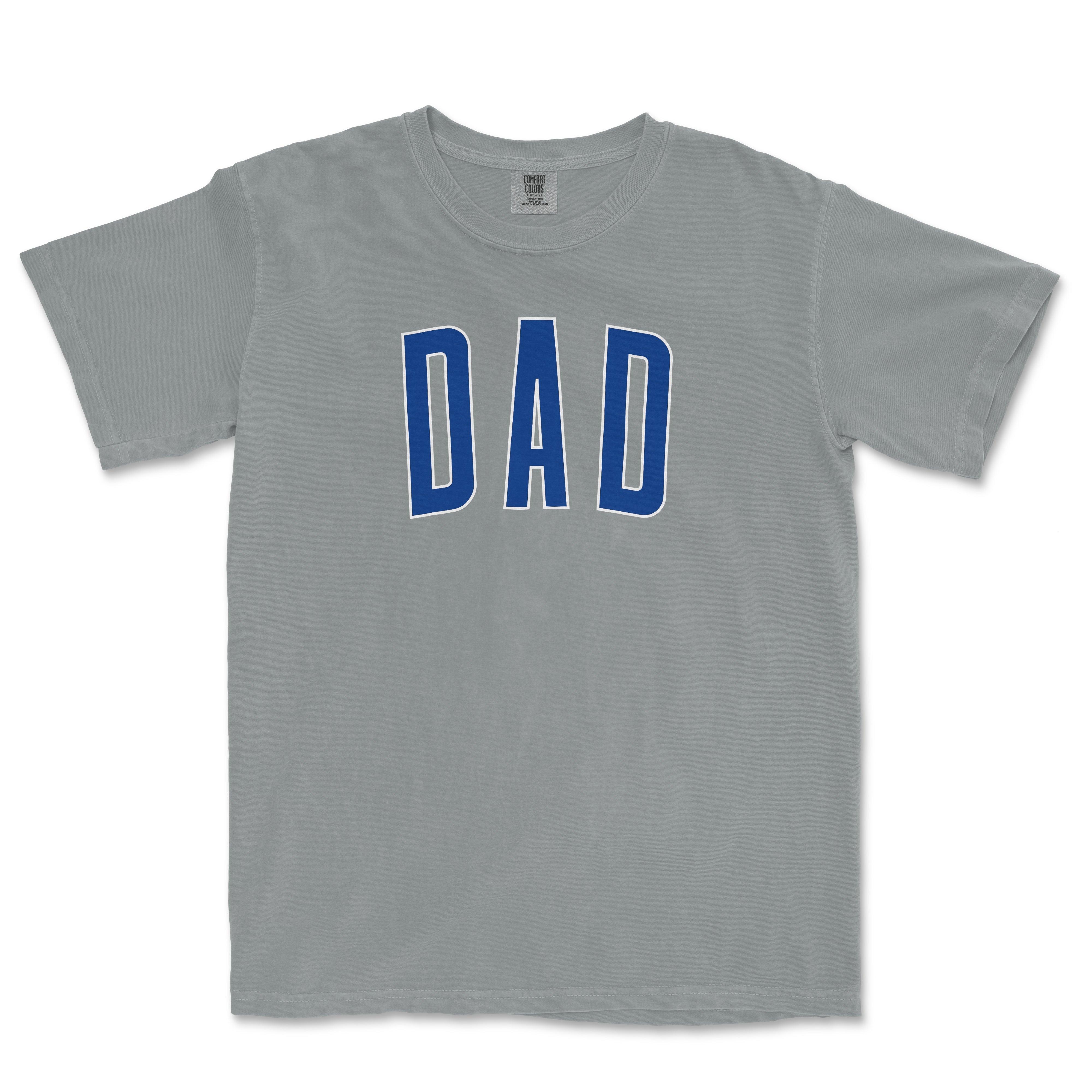Gray Comfort Colors T-shirt with bold blue "DAD" text printed across the front.