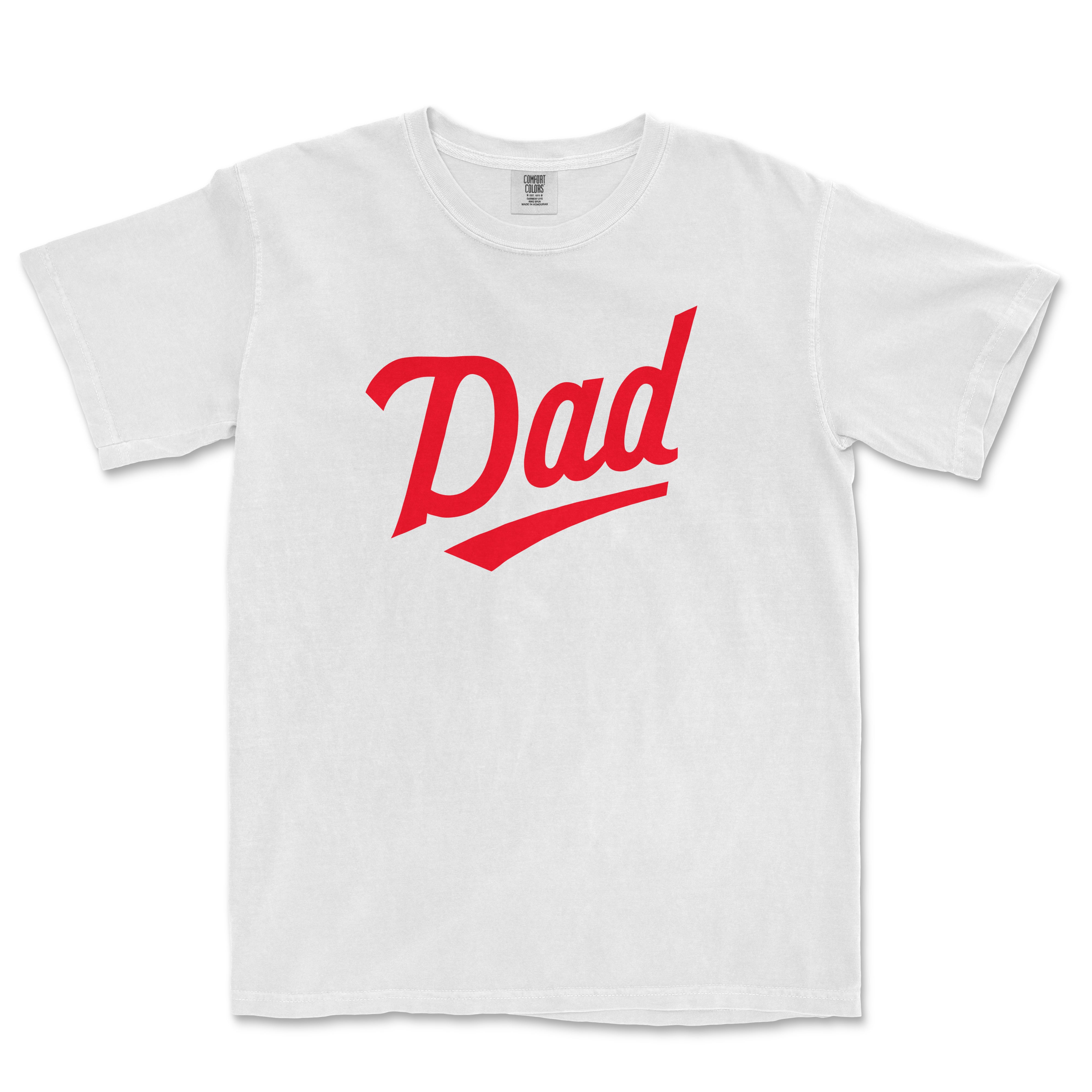 White Comfort Colors T-shirt with red "Dad" text in a bold, cursive font, designed for Minnesota baseball dads.