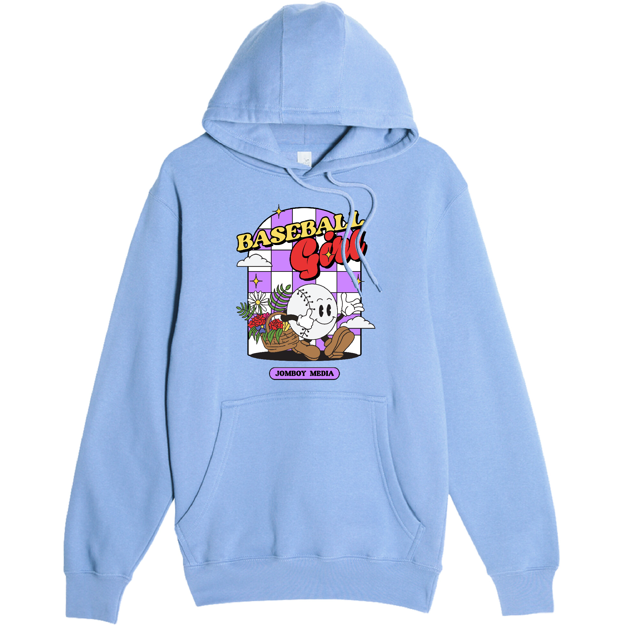 Light blue pullover fleece hoodie featuring a colorful "Baseball Girl" graphic with cartoon character, flowers, and "Jombo Media" label.