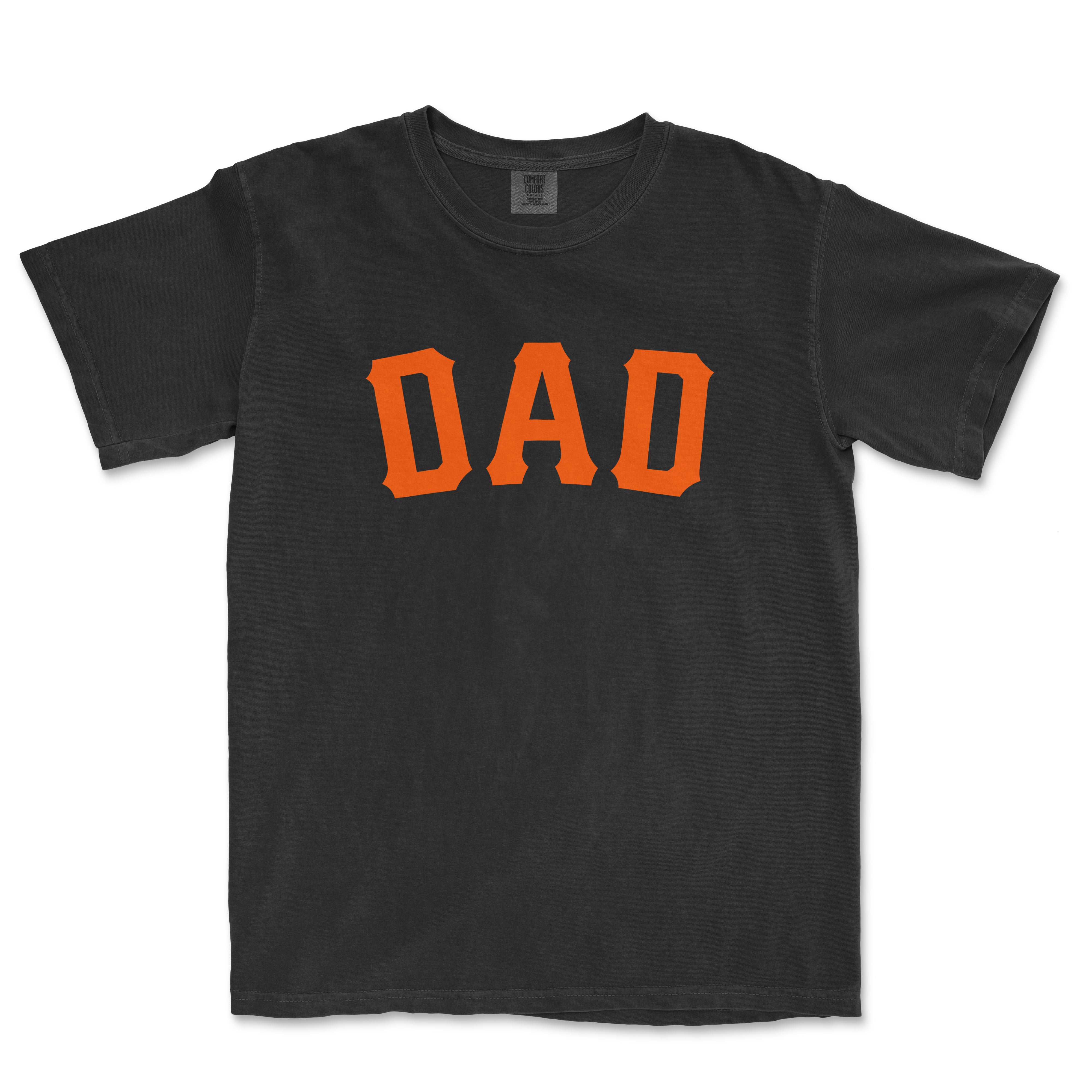 Black T-shirt with orange "DAD" text in bold, vintage-style font, celebrating San Francisco baseball dads.