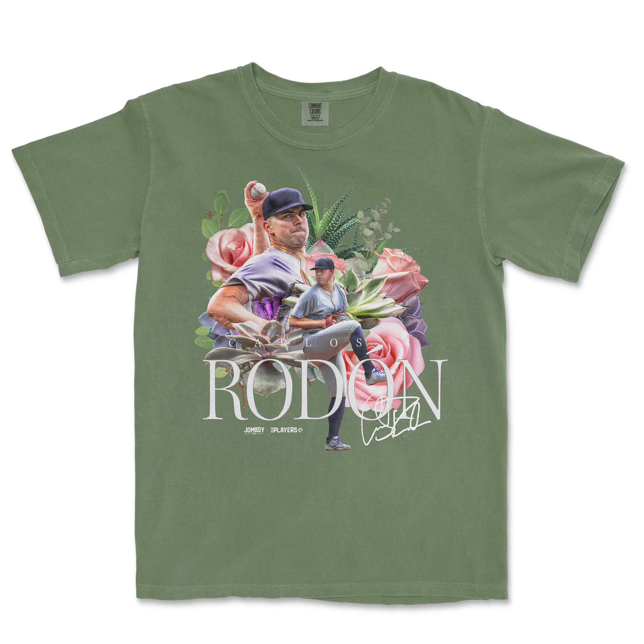 Green Comfort Colors T-shirt featuring a graphic of Carlos Rodón pitching, surrounded by flowers and his signature.