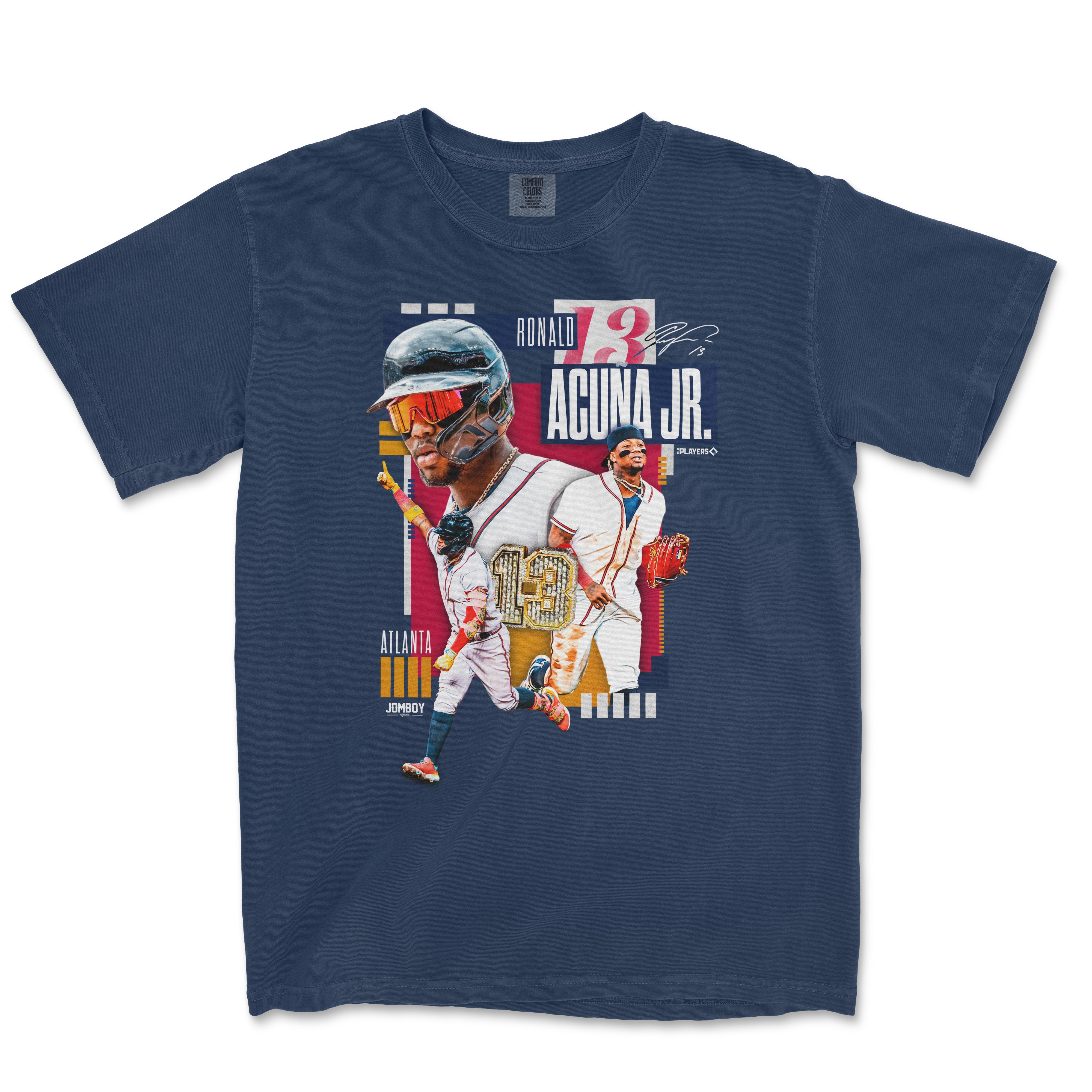 A navy blue T-shirt featuring a colorful graphic of Ronald Acuña Jr., with his name, signature, and images of him in baseball gear.