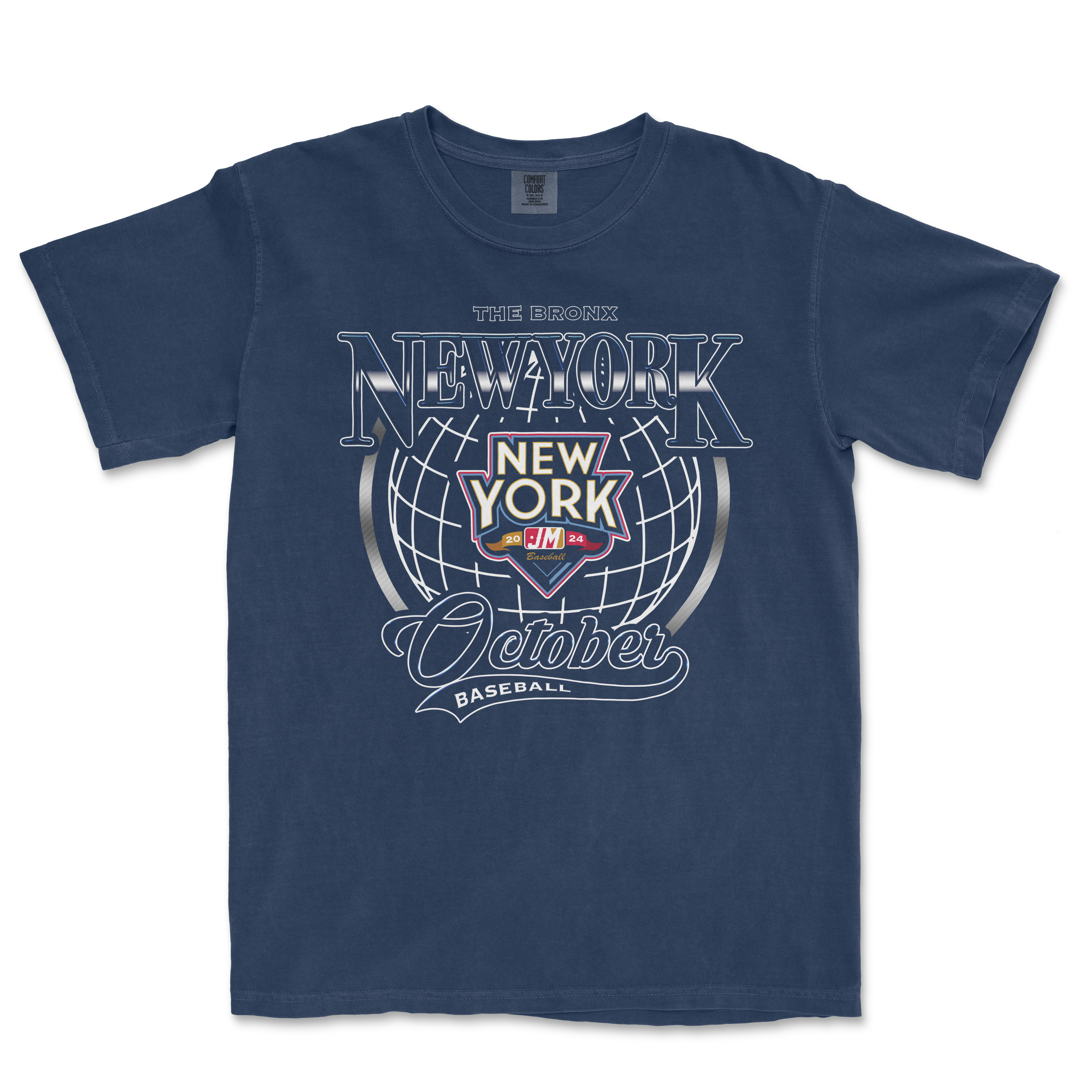 Blue T-shirt with "October in The Bronx, New York Baseball" graphic design, featuring a globe and vintage-style text.