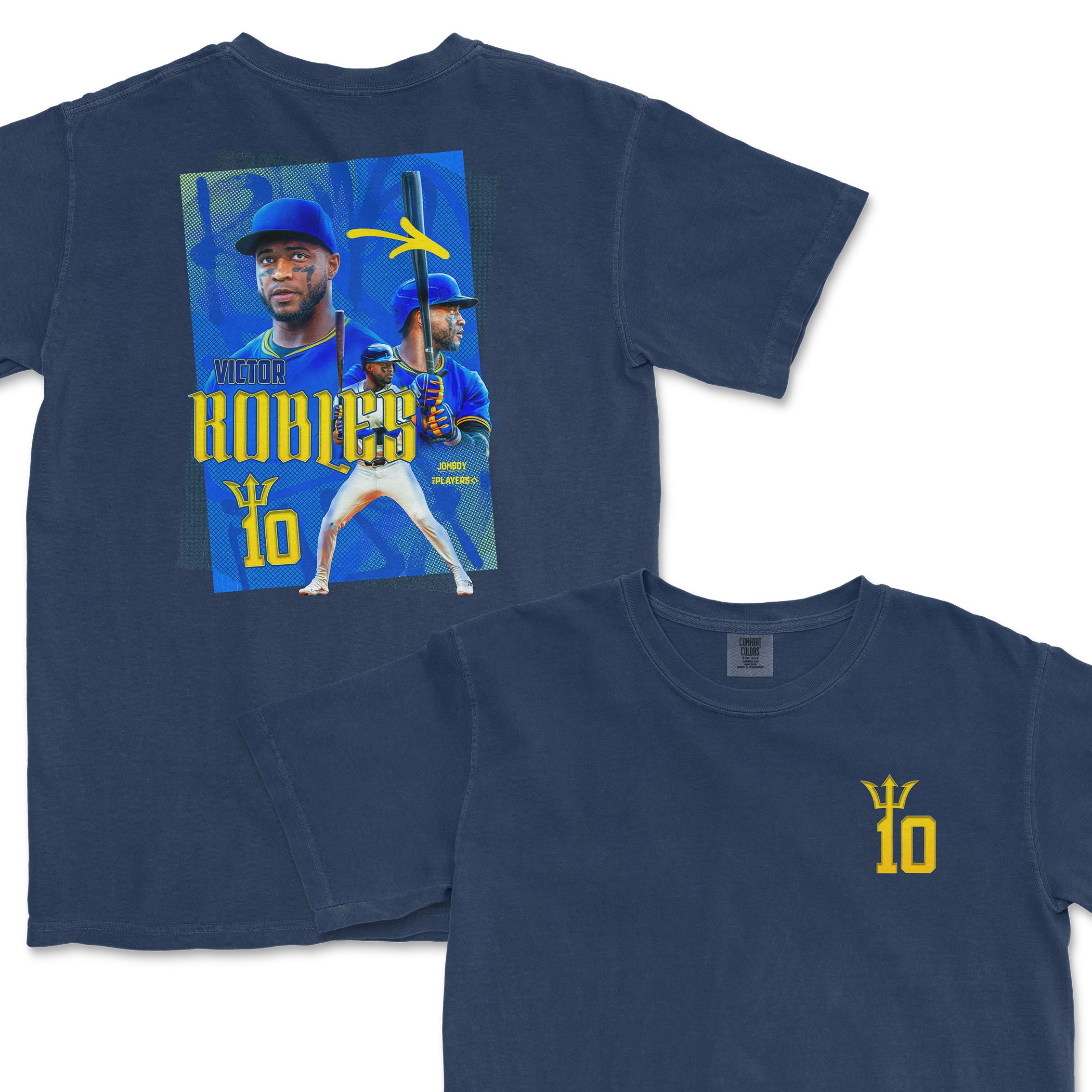 Blue T-shirt featuring Victor Robles with his name, number 10, and images of him in baseball action.