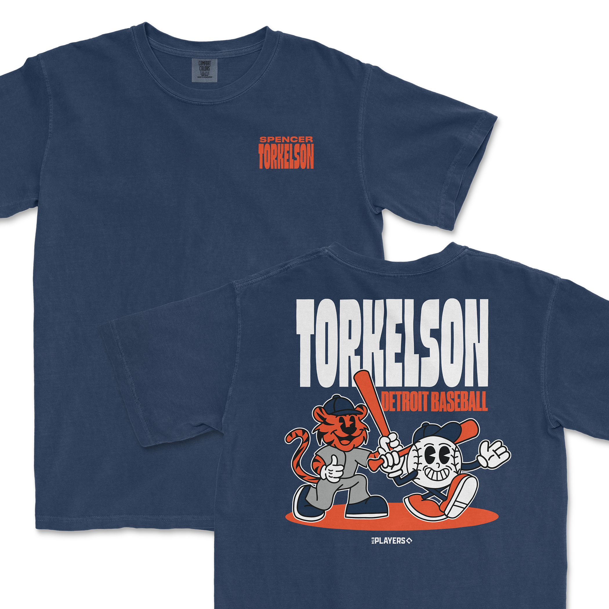 Spencer Torkelson summer cartoon t-shirt featuring playful graphics of a tiger and a cartoon character with a bat.