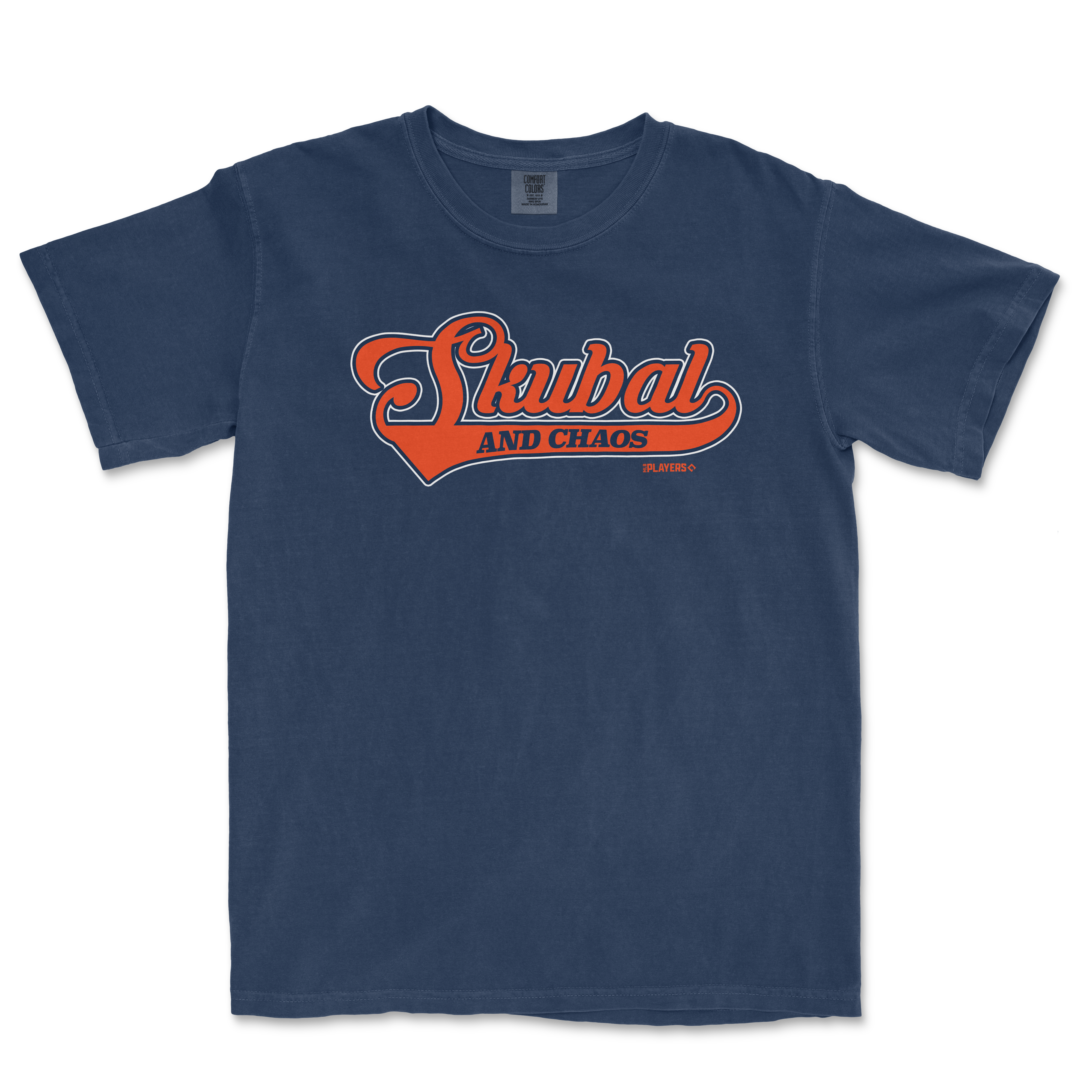 Blue T-shirt with "Skubal & Chaos" logo in orange and white, featuring a stylized script and bold lettering.
