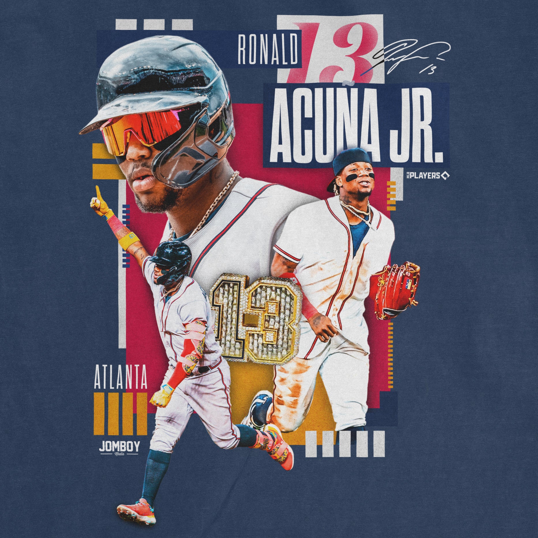 Close-up of a graphic T-shirt featuring Ronald Acuña Jr. signature, multiple images of him in baseball gear, and vibrant design elements.