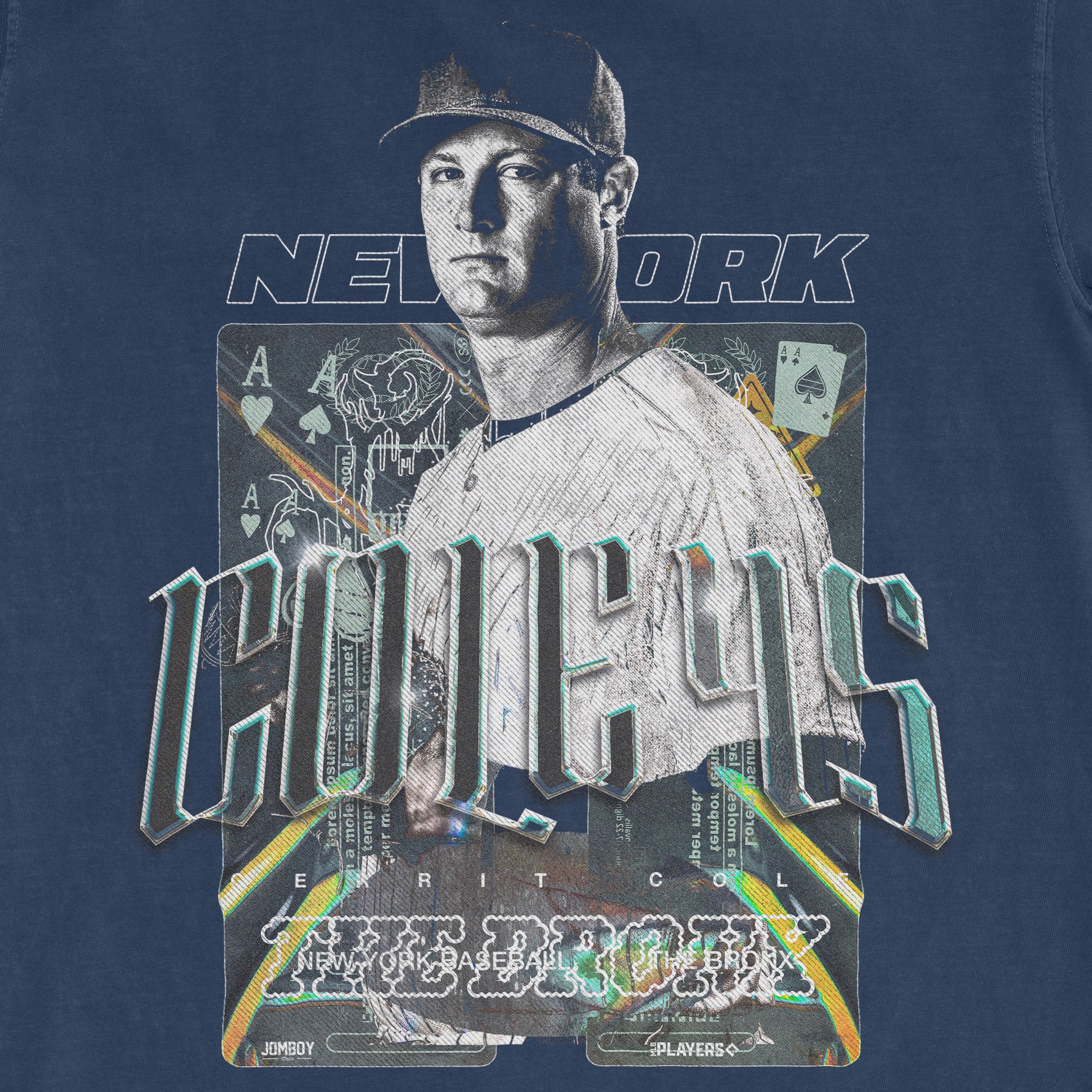 Blue Comfort Colors T-shirt featuring a graphic of a baseball player, "CHICAGO" text, and New York-themed design elements.
