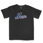 Black T-shirt with "Mom" written in bold, colorful script, celebrating Queens baseball moms.