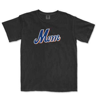 Black T-shirt with "Mom" written in bold, colorful script, celebrating Queens baseball moms.