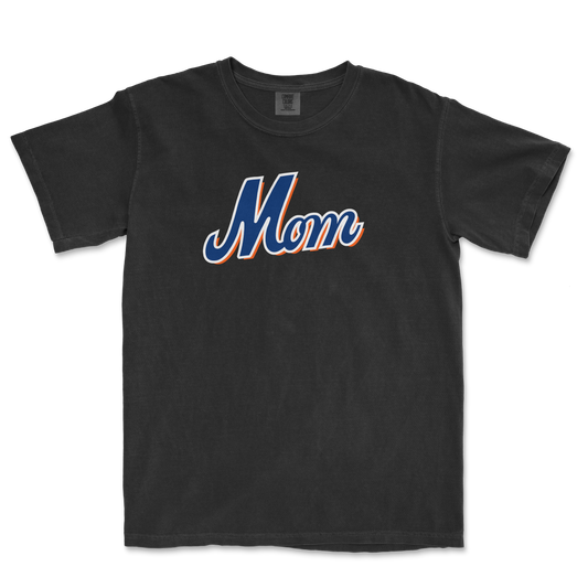 Black T-shirt with "Mom" written in bold, colorful script, celebrating Queens baseball moms.