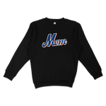 Black crewneck sweatshirt with "Mom" in bold, colorful script lettering, perfect for Queens baseball moms.